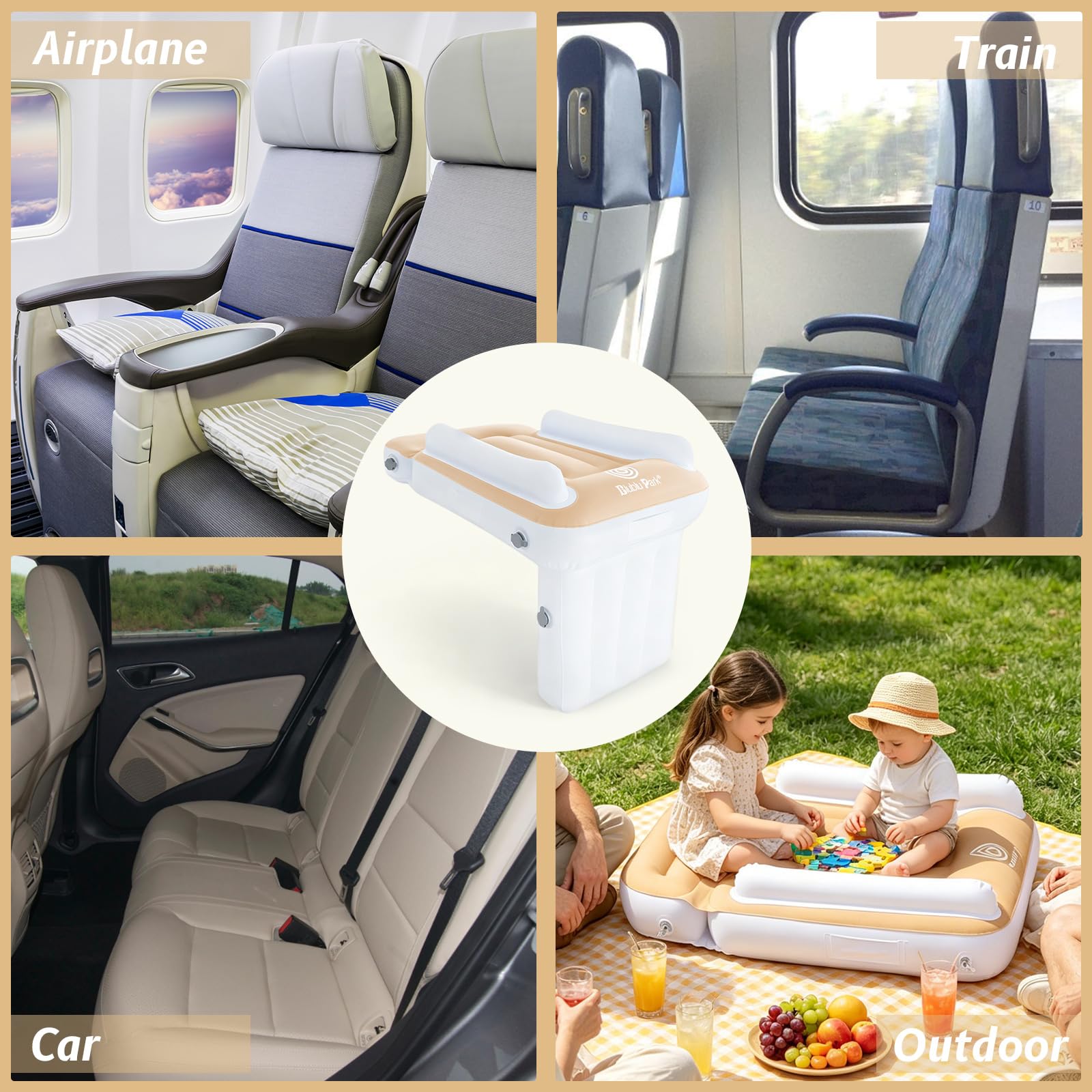 Letto aereo per bambini, lettino da viaggio per bambini, estensione del sedile dell'aereo con lati alti, letti gonfiabili portatili, adatto per sedile del volo, auto, treno (crema)