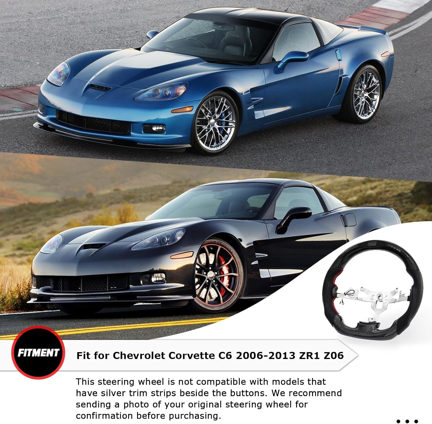 LOSCHEN Carbon Fiber Steering Wheel D-shaped Flat-bottom Perforated Leather, LED Display Shift Indicator Steering Wheel for Chevrolet Corvette C6 2006-2013 ZR1 Z06