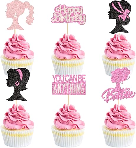 Miniatura 1 de Ercadio Paquete de 24 adornos para cupcakes inspirados en princesas negras y rosas con purpurina para niñas, para bodas, despedidas de soltera,