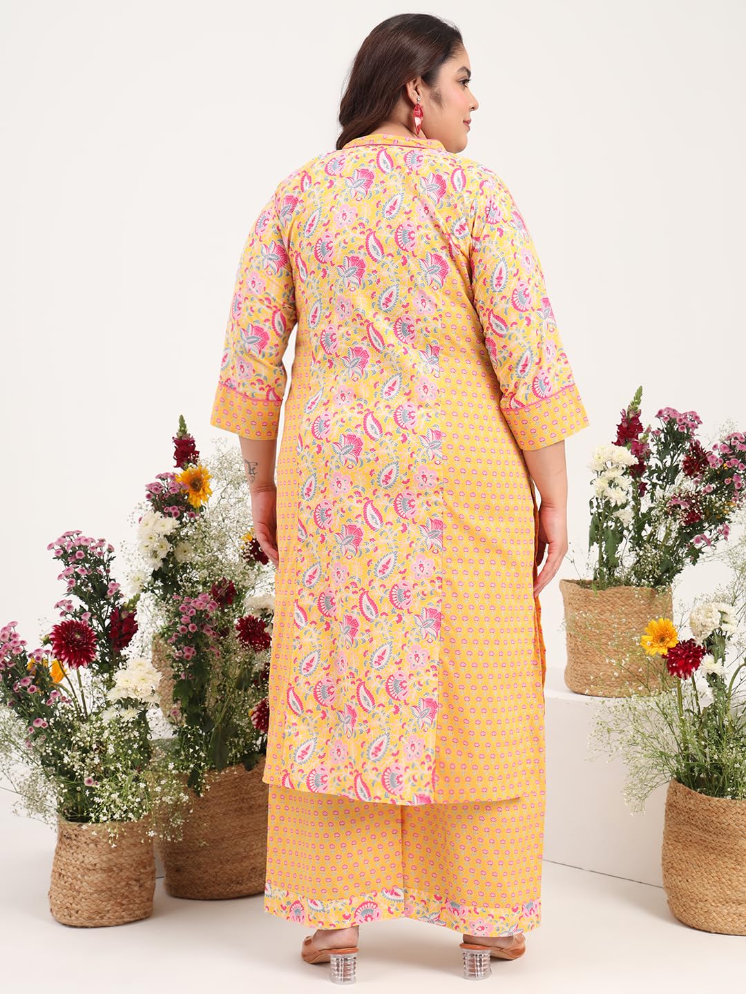 Tissu Women's Plus Size Pure Cotton Yellow Floral Printed Kurta With Palazzo (738_Yellow_6Xl)