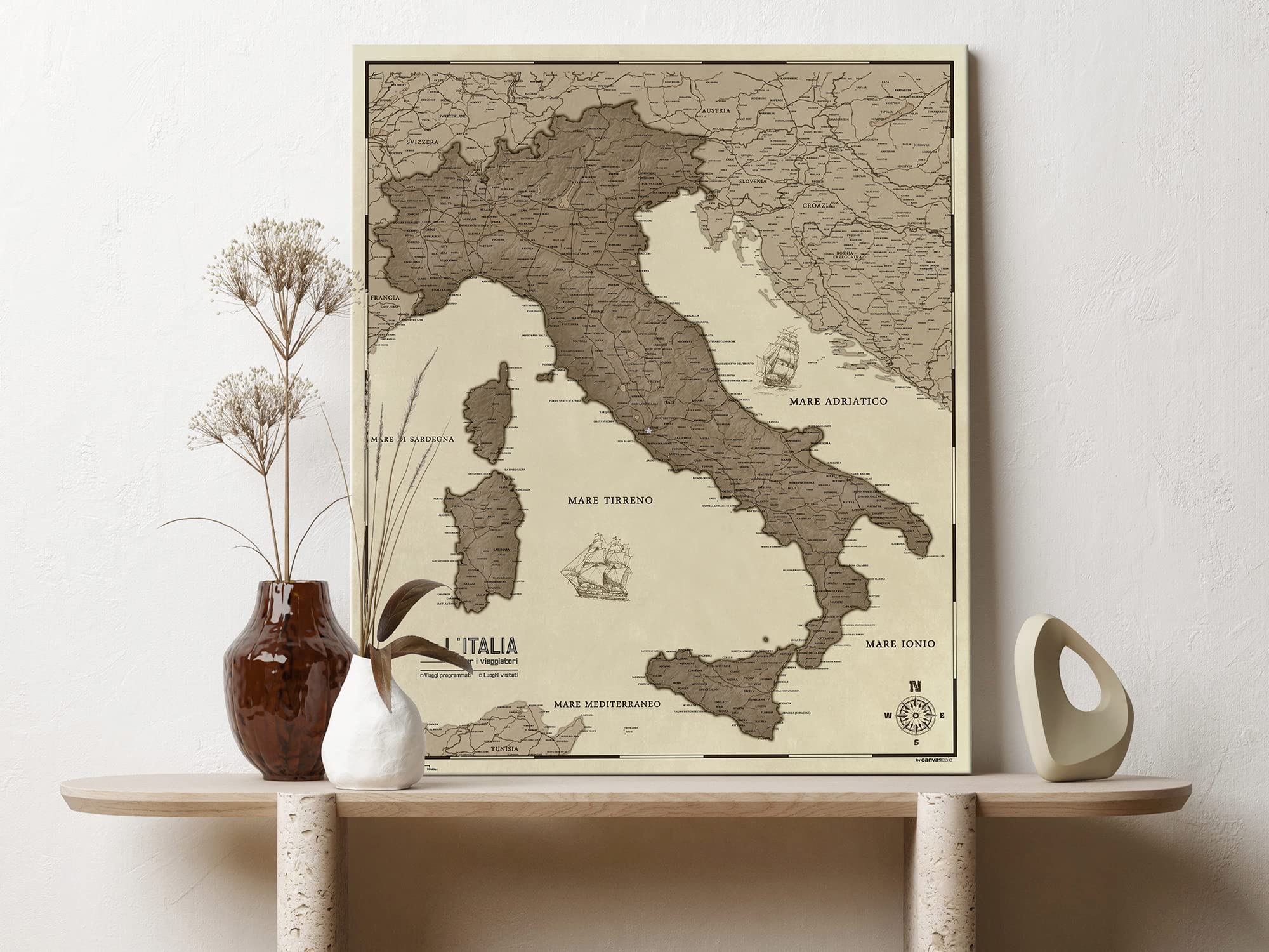 Mappa dell'Italia in tela con bacheca in sughero per appuntare le destinazioni di viaggio - Lavagne in tela di alta qualità con mappa dell'Italia in varie dimensioni (90x75cm, modello 3)