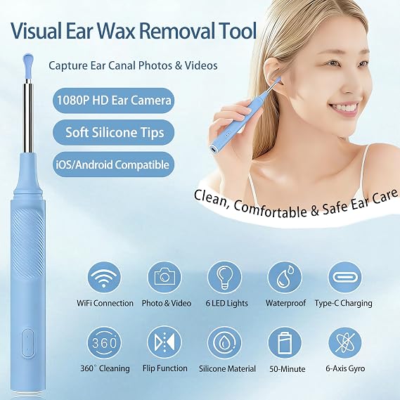 Ear Wax Removal - Earwax Remover Tool - 1080P Ear Camera with 6 LED Light - Ear Cleaning Kit with 6 Silicone Tips, Compatible with iOS Android, for Ear Nose Mouth Checking(Blue, 1 Ear Pick)
