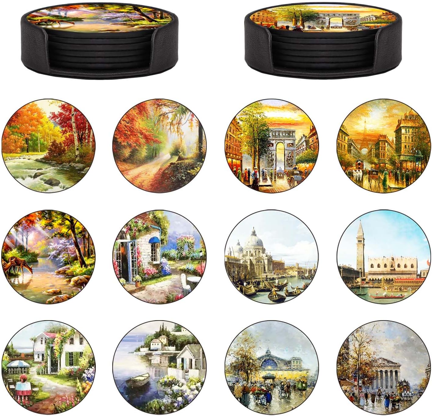 Coasters Set of 12- Famous Buildings and Landscapes Style - PU Leather Coasters for Drinks with Holder - Handmade Round Drink Coasters Set for Home Decor and Housewarming Gift