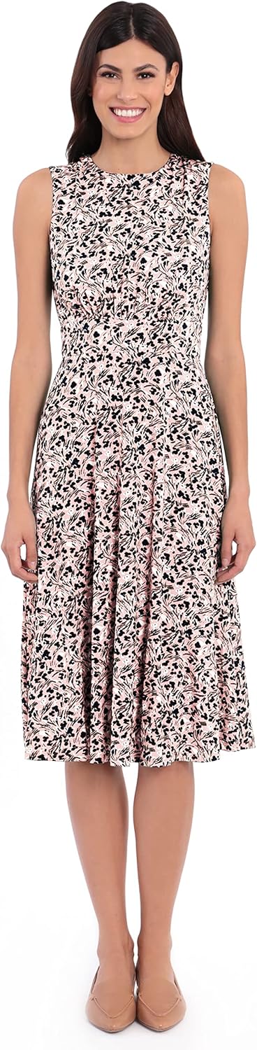 London Times Women's Sleeveless Inset Waist Midi Fit and Flare Dress