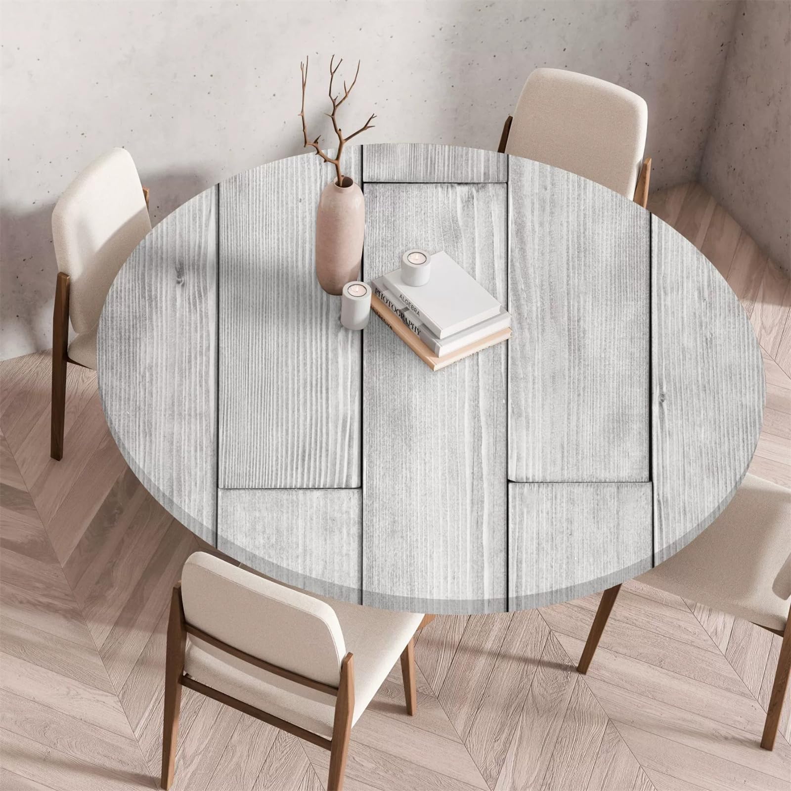 Treer Tree Wipeable Table Cloth Round Tablecloth Protector, Woodgrain Effect Texture Elastic Edged Fitted Backed Splash-Proof Table Cover Washable for Dining Room Kitchen Picnic Party (Gray,140cm) — image 1