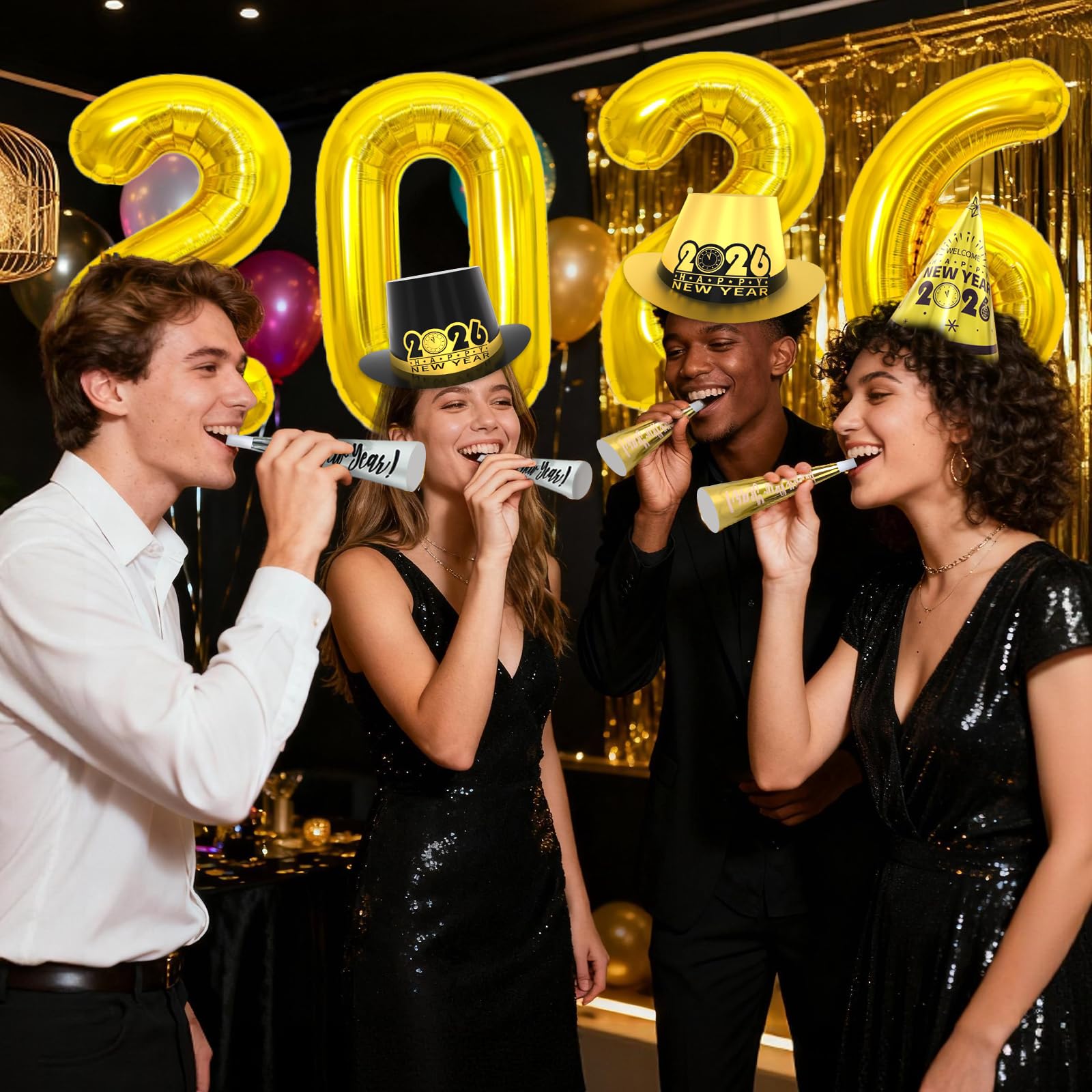 Decorazioni per feste di Capodanno 2025 - Set da 24 ospiti con cappelli, occhiali