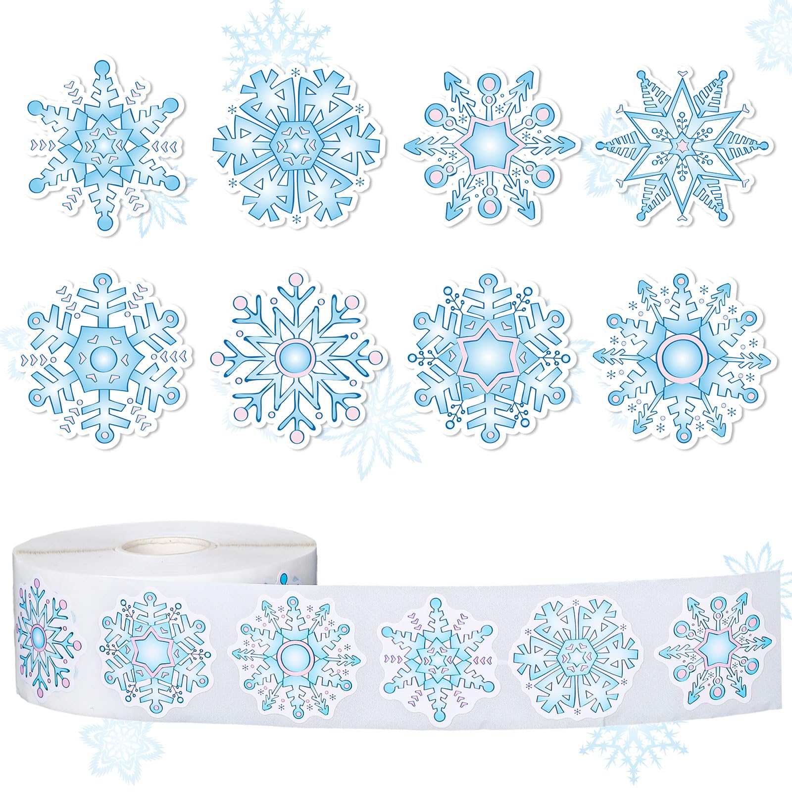 JarThenaAMCS 1000Pcs Winter Blue Snowflake Stickers Roll Self-Adhesive Xmas Winter Label Stickers Decal for Holiday Party Favor Decor, 8 Designs