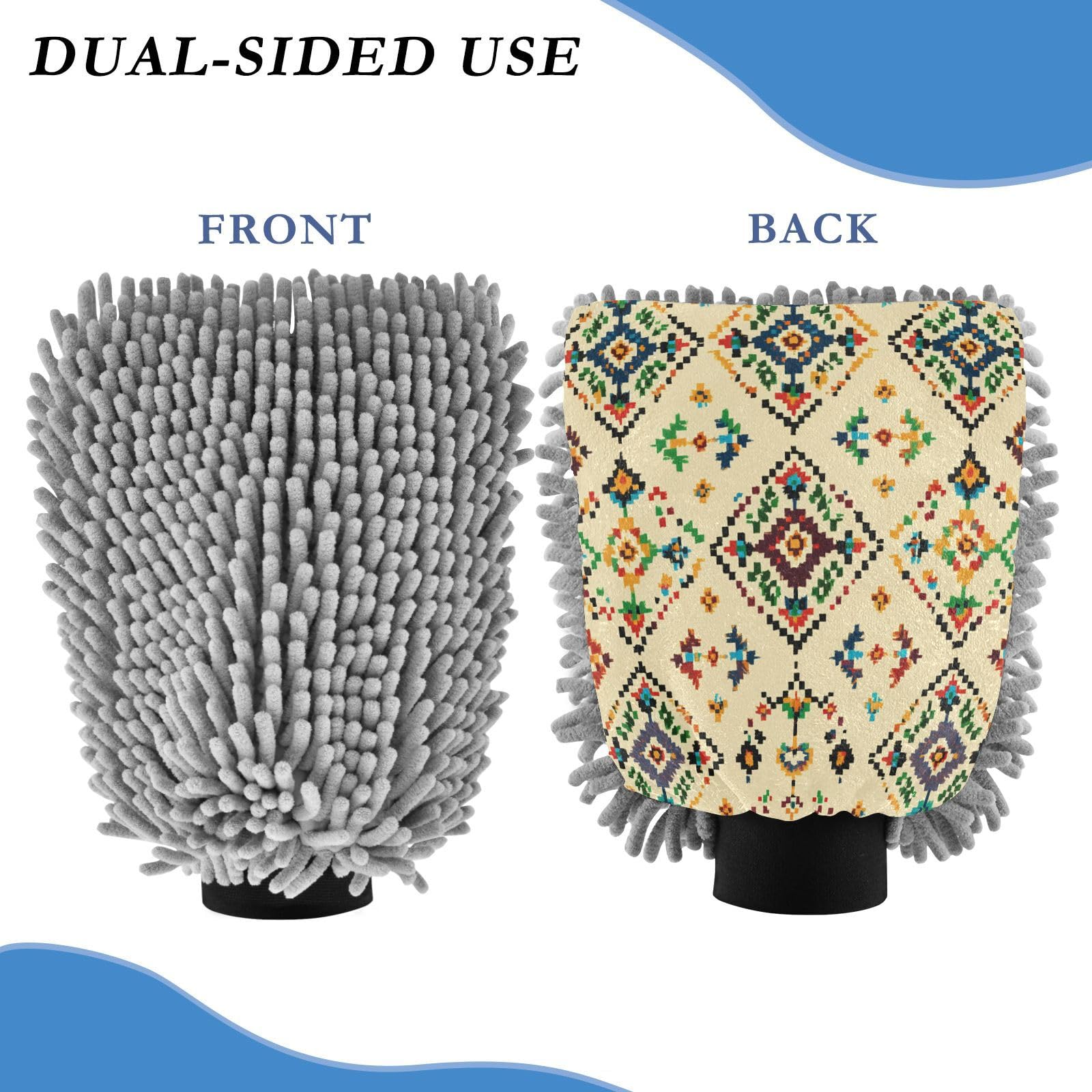 STAYTOP Beautiful Ethnic Embroidery Car Wash Mitt Microfiber, 2Pcs Scratch Free Lint-Free, Premium Chenille Microfiber Mitt Car Wash Brush-M