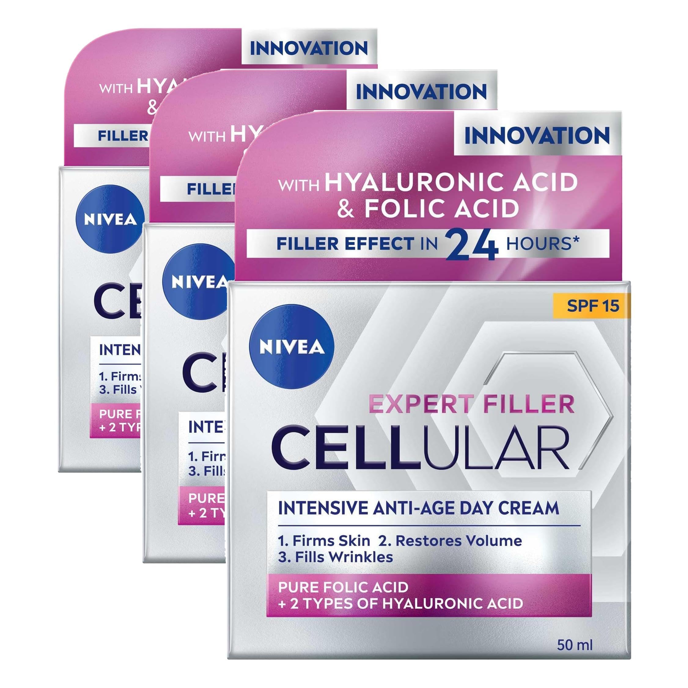 NIVEA Cellular Expert Filler Yoğun Yaşlanma Karşıtı Gündüz Bakım Yüz Kremi 50 ml, Hyaluronik Asit ve Folik Asit, SPF15 Güneş Koruması (3 paketi)