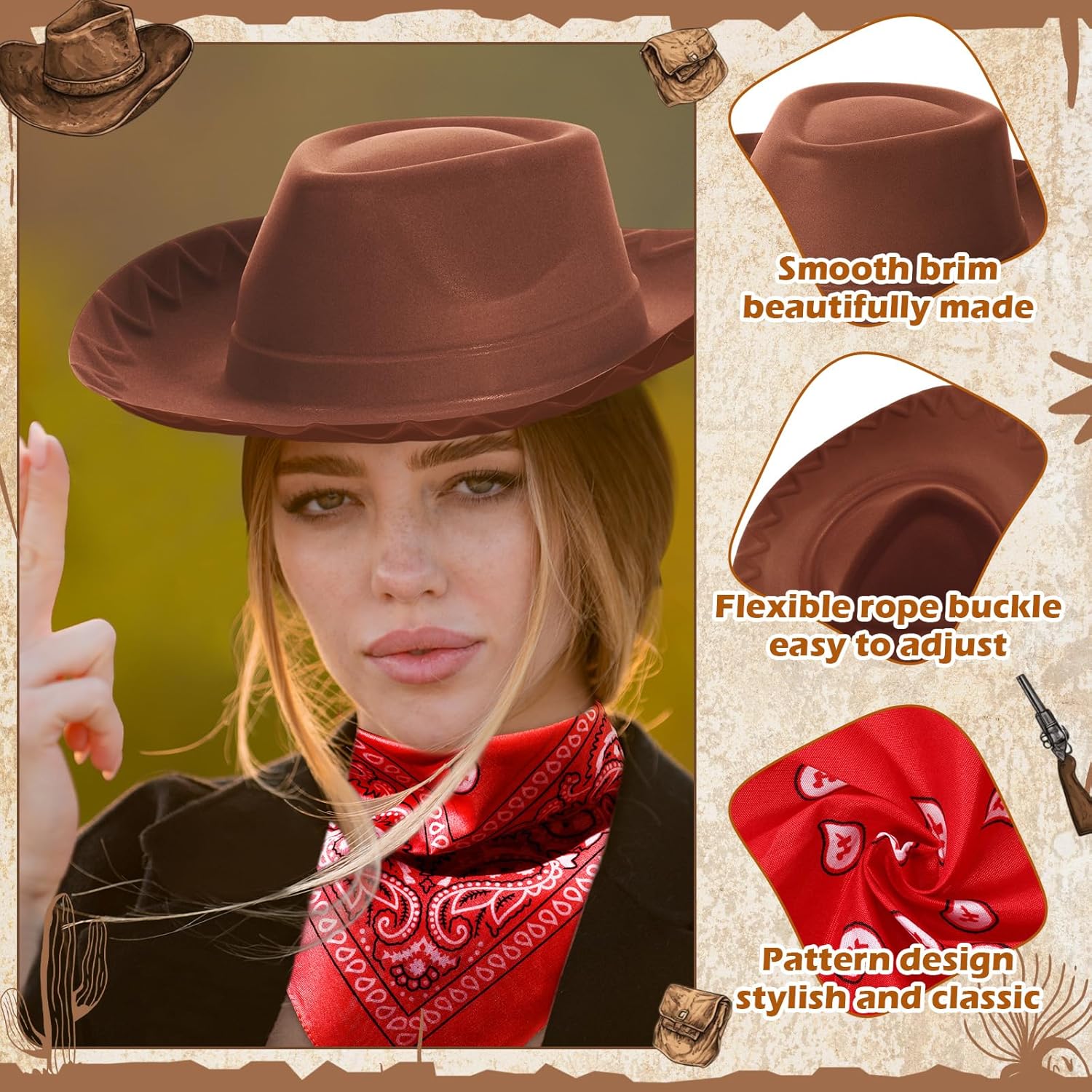 Hillban 12 Pack Cowboy Hat and Bandana, Cowgirl Hats Felt Cowboy Party Hats Bulk Western Bandanas for Party Costume - Image 3