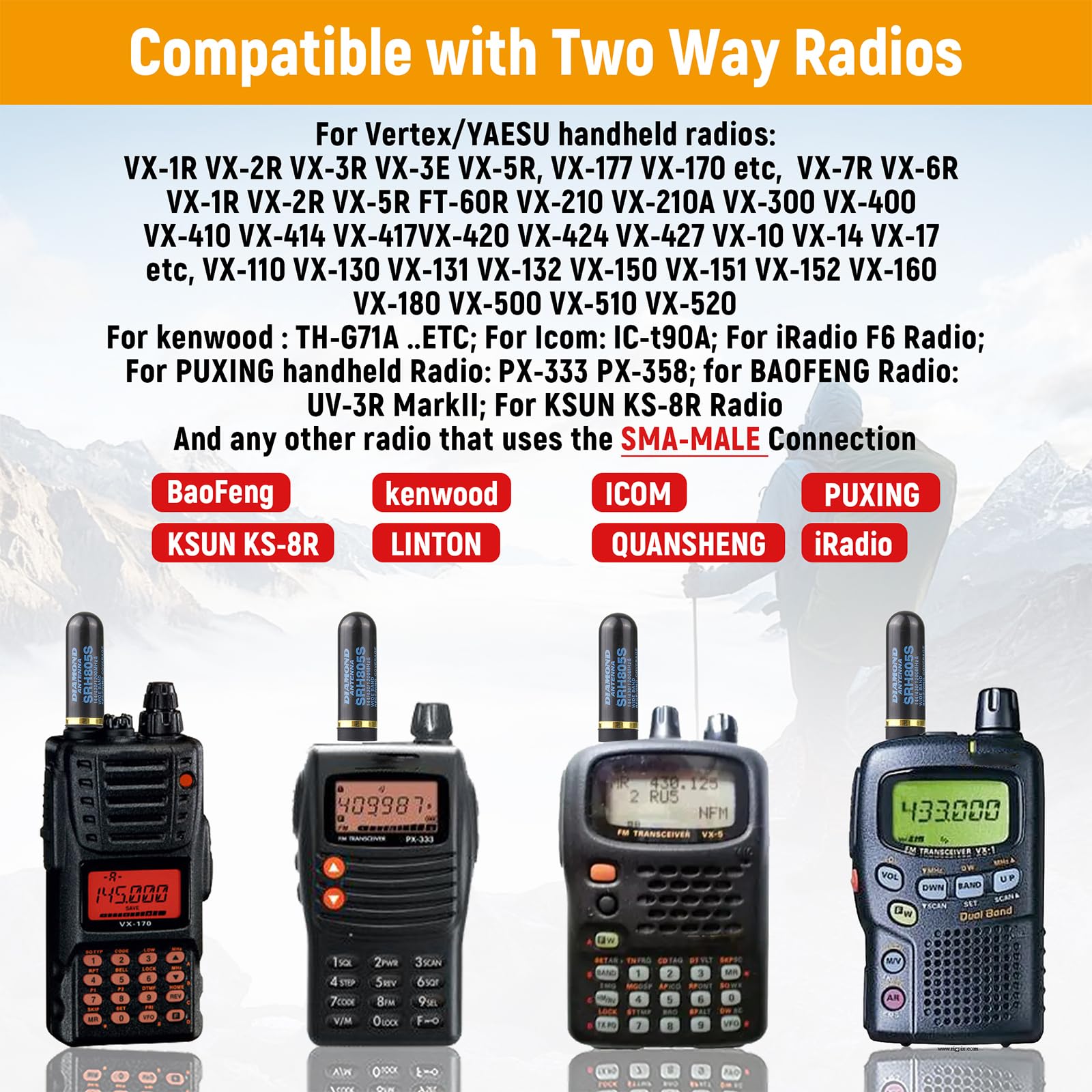 SRH805S Antenna universale di ricambio corta per walkie-talkie VHF/UHF 144/430/1200MHz SMA maschio antenna per radio BTECH PUXING Kenwood HYT (confezione da 2)
