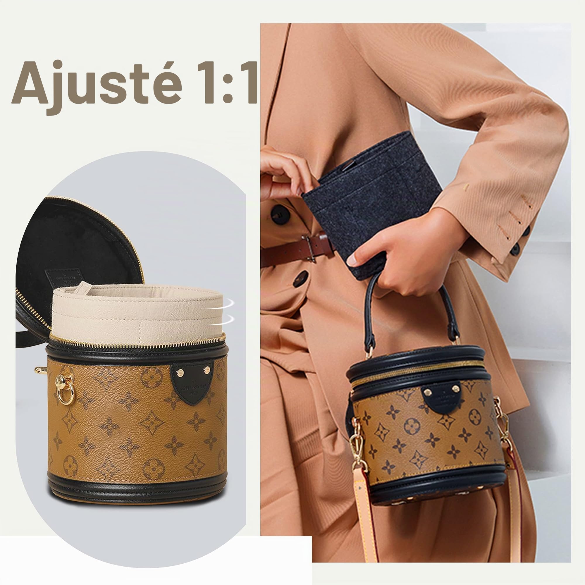 Organiseur de sac à main en feutre pour sac cylindrique Cannes, organiseur fourre-tout pour femme, beige