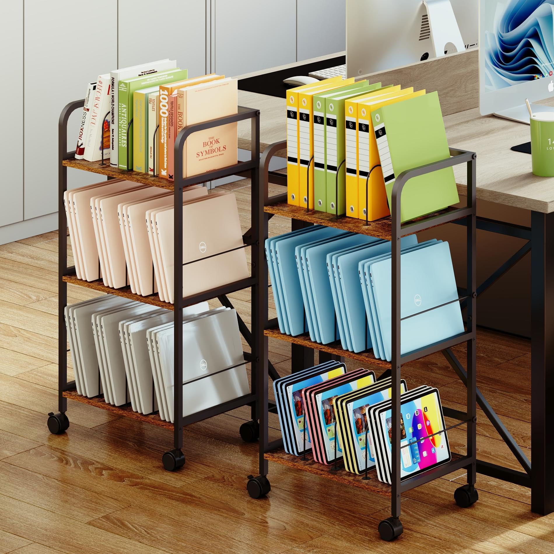 Rolling File Cart with Adjustable Dividers, 3-Tier Book Cart with Wheels, Utility Storage Rack for Office, Home, Classroom, Art Supply Organizer, Binder and Laptop Shelf Rack