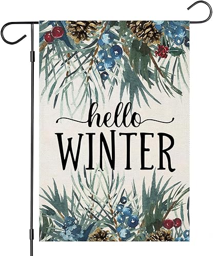 EKOREST Banderas verticales de jardín de 12 x 18 pulgadas con texto en inglés Hello Winter de doble cara, ramitas de pino para exteriores,