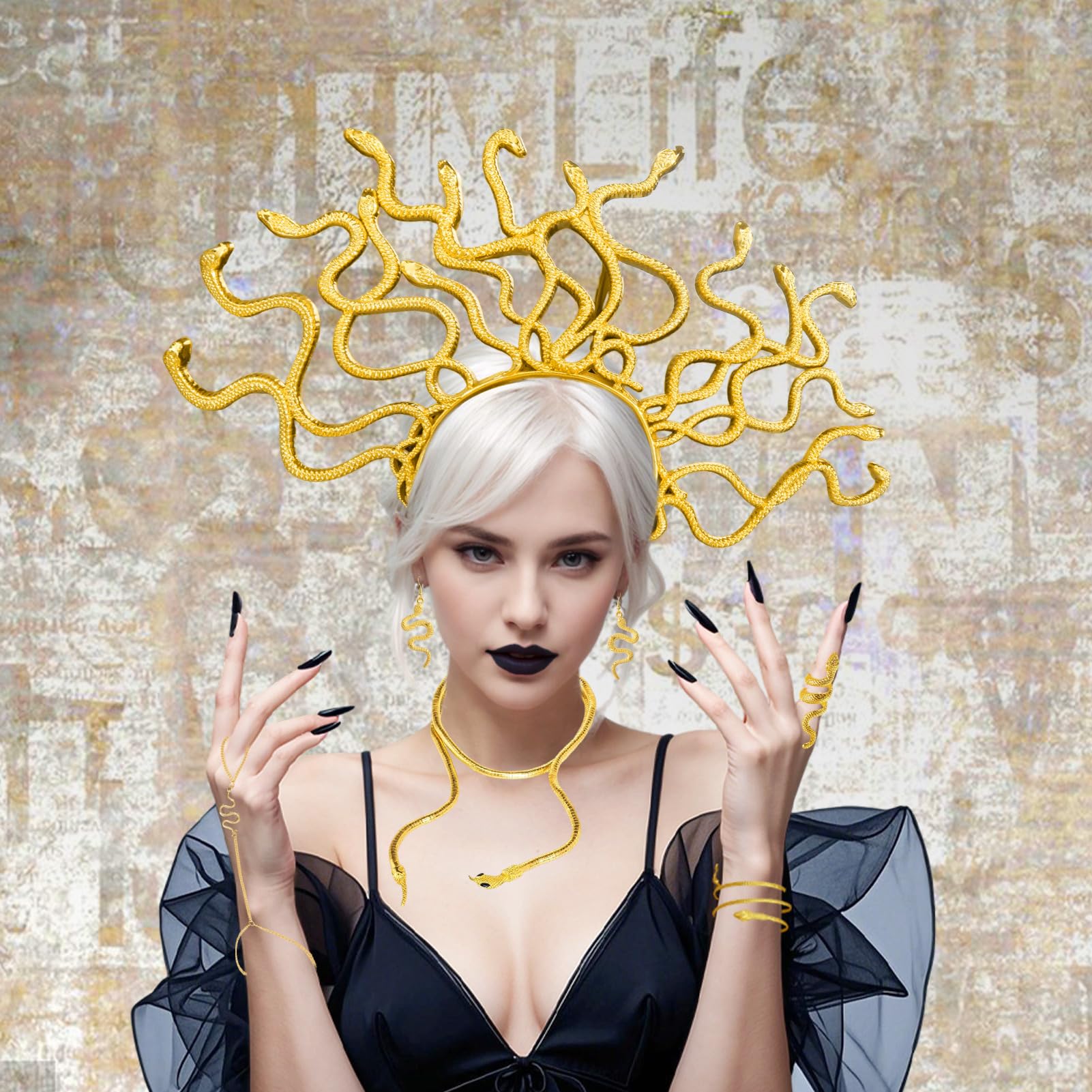 HarnyLoom Medusa Snake Headband Costume Medusa Headpiece Set Women Snake Gold Headband Necklace Ring Choker Chain Headpiece for Carnival Party Cosplay Accessories - Image 3