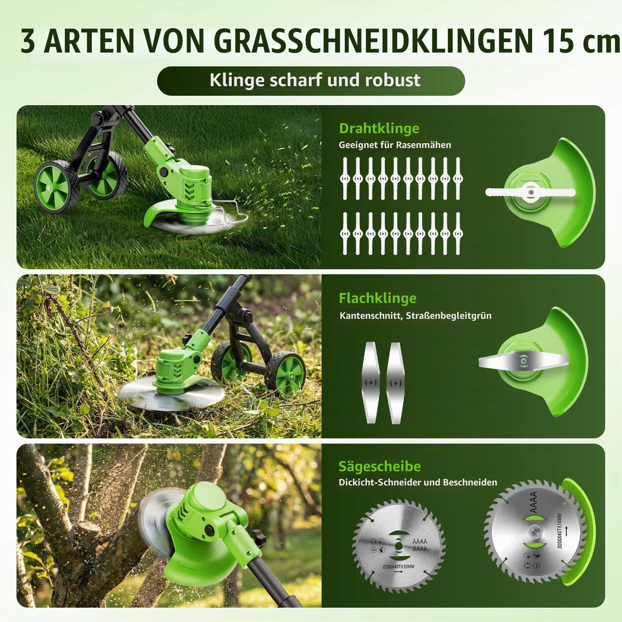4-in-1 Rasentrimmer mit Akku 21V, Freischneider und Rasenkantenschneider mit Hilfsrad, 2 Akkus und Ladegerät, 4 Klingentypen, 90°Drehkopf, Teleslopstiel, Gartengerät für Rasen, Gärten