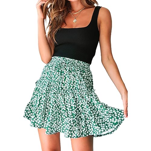 Relipop Women's Floral Flared Short Skirt Polka Dot Pleated Mini Skater Skirt with Drawstring