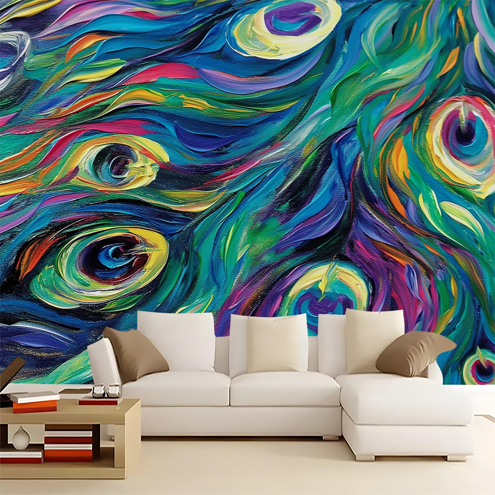 Tapeta 300 x 210 cm, tapeta z włókniny, abstrakcyjne pawie pióra, dekoracja, wodoszczelna, folia ochronna na ścianę, do sypialni, salonu, folia meblowa, tapeta ścienna, kolorowa, w zestawie poradnik