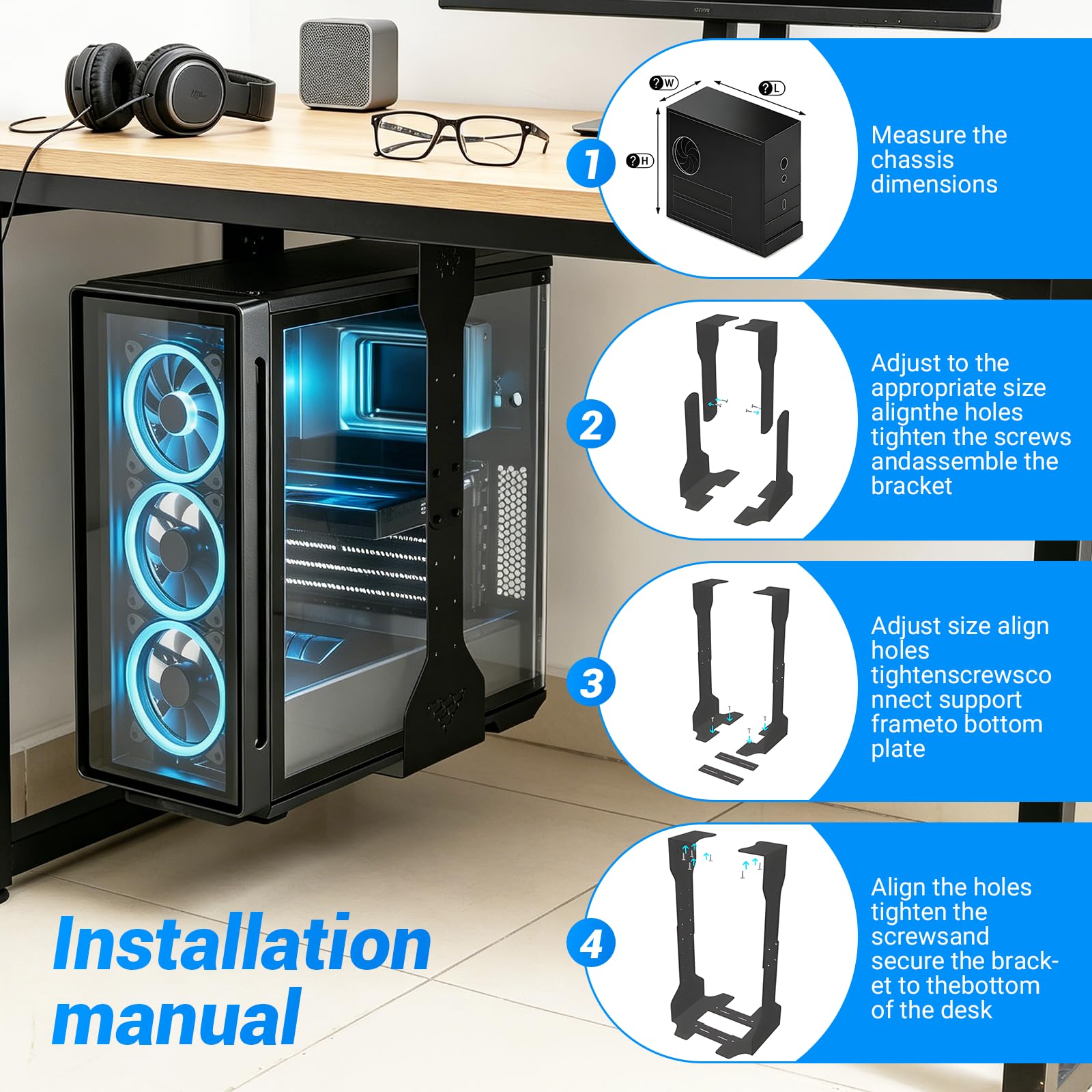 Support PC sous Bureau réglable en Hauteur 290-590 mm, Largeur 200-340 mm, Capacité 35 kg, Acier Robuste