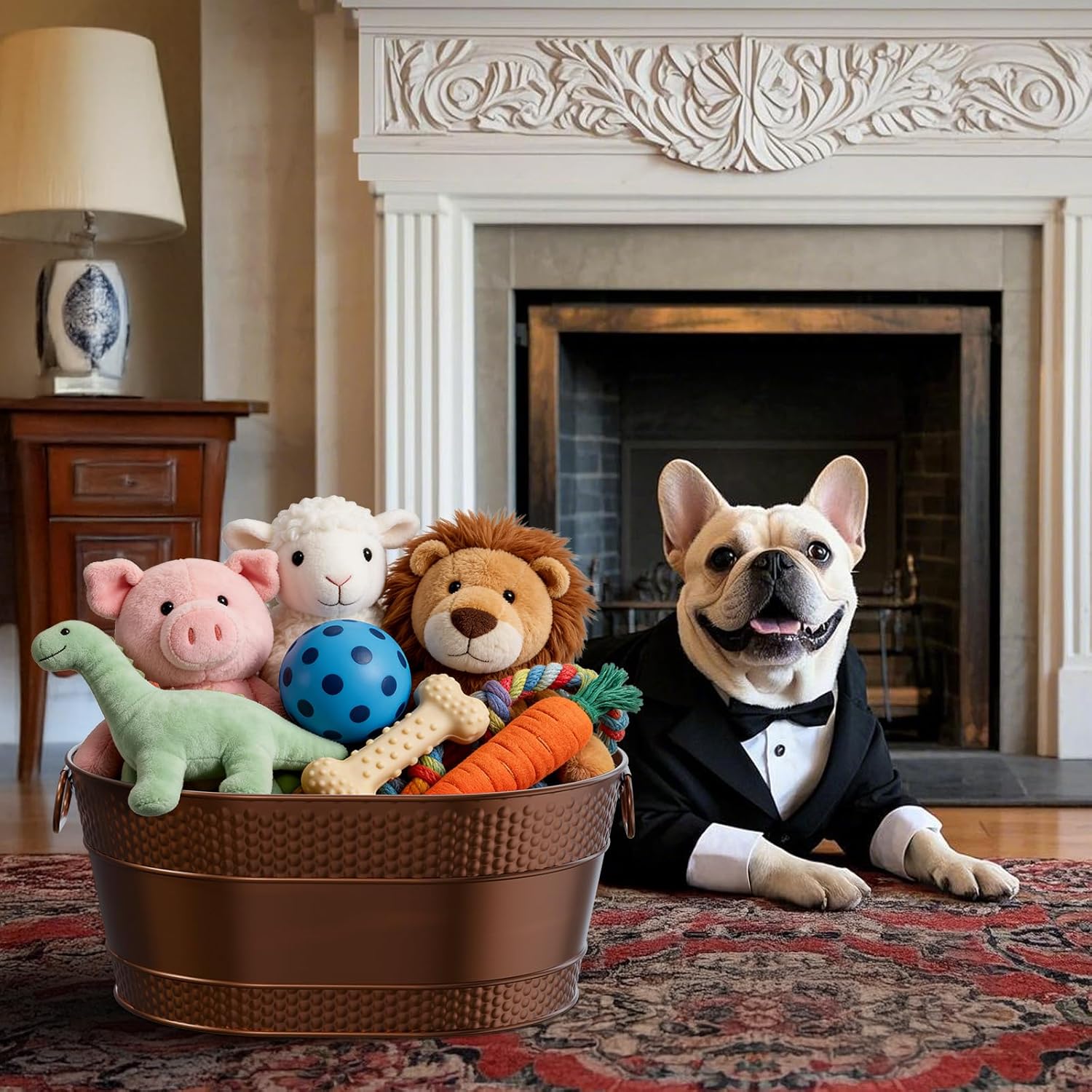 Indestructible Metal Dog Toy Bin: Copper Pet Toy Storage Basket for Living Room Area, Sturdy Chew Proof Puppy Toy Box with Handle, Large Capacity 25-Quart (1 Pack, Copper, Oval)