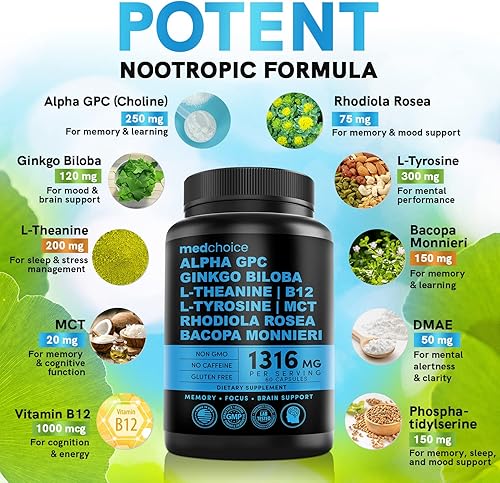 Miniatura 3 de MEDCHOICE Paquete de suplemento de melatonina para dormir (90 unidades) y cerebro nootrópico (60 unidades) - Dúo de bienestar para dormir, cerebro,