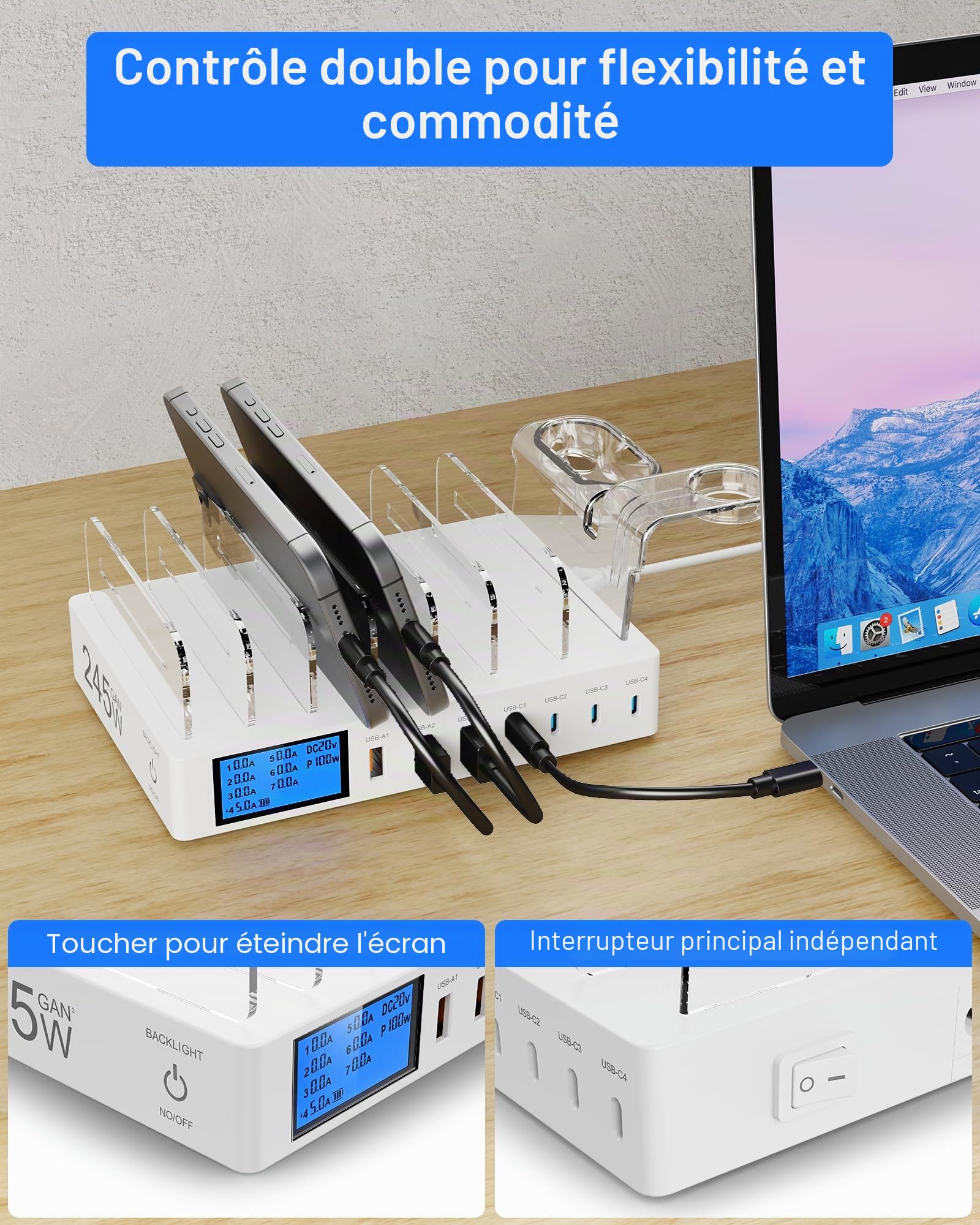 Station de Charge USB pour Plusieurs Appareils, 7-Port USB Multi Charge 245W avec 7 Câbles, Station Chargement avec écran LCD, Compatible avec Téléphones, Tablettes et Autres appareils - Blanc