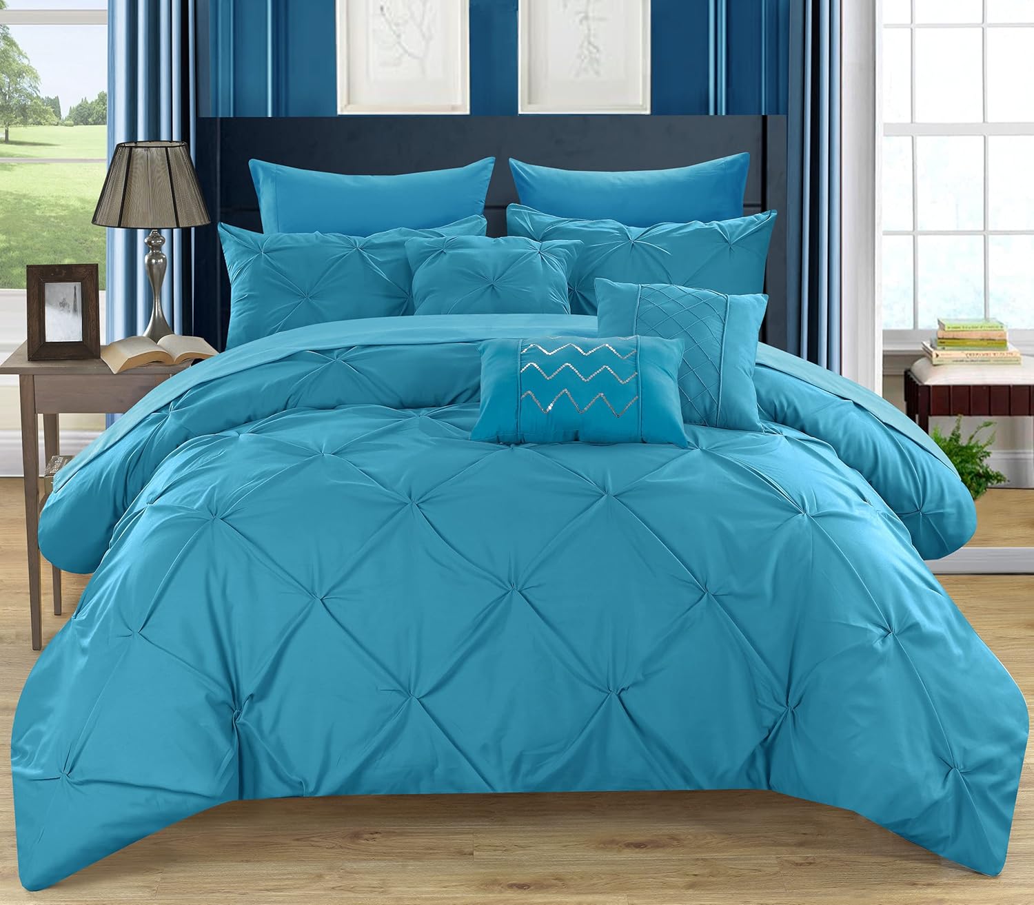 Chic Home 10 Piece Hannah Pinch Pleated, ruffled and pleated complete Queen Bed In a Bag Comforter Set Turquoise With sheet set Queen Turquoise