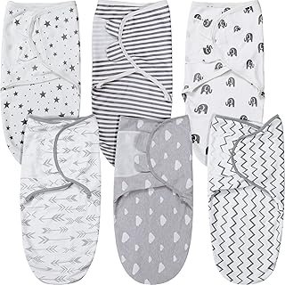 6 Pcs Baby Swaddle Blanket Adjustable Infant Sleep Sack Wrap Gray Newborn Swaddle Elephant Stripe Star Cloud Baby Swaddle Wrap for Boys Girls Sleep, 0-3 Month