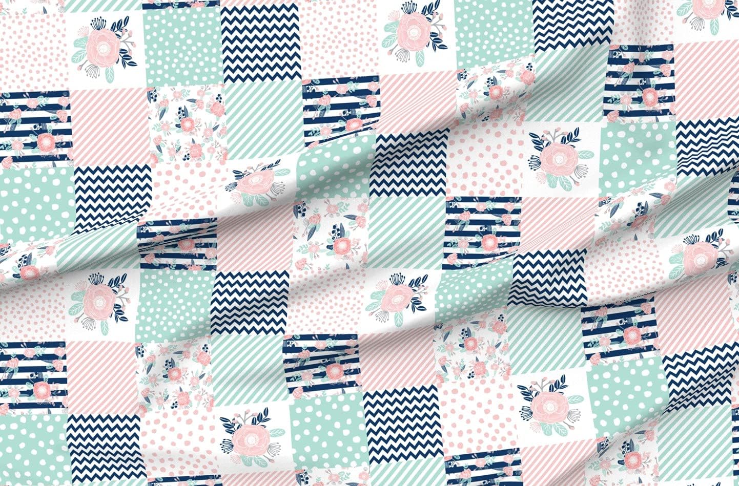 Spoonflower Fabric - Preppy Cheater Quilt Floral Wholecloth Chevron Pink Aqua Mint Topper Printed on Minky Fabric by The Yard - Sewing Baby Blankets Quilt Backing Plush