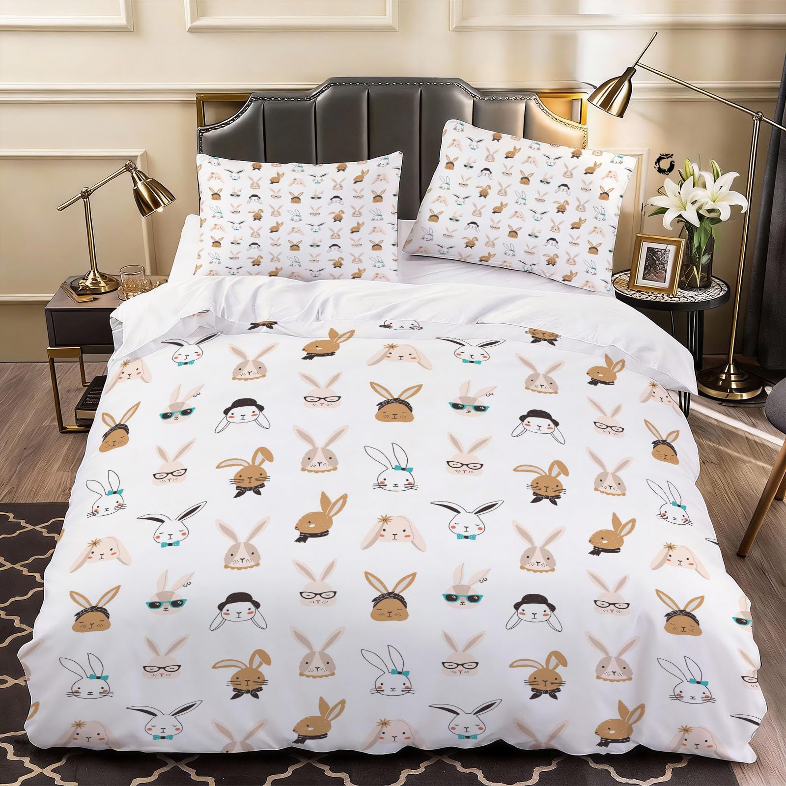 3D Rabbits Print Duvet Cover Cute Bedding Double Bed Set, Soft Microfiber Comforter Cover Printed with Zipper Closure Quilt Coverr 200x200 cm and 2 Pillowcases