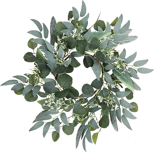 Corona de eucalipto verde artificial, corona verde de 15 pulgadas con racimos de flores blancas, mini corona de primaveraverano para decoración de