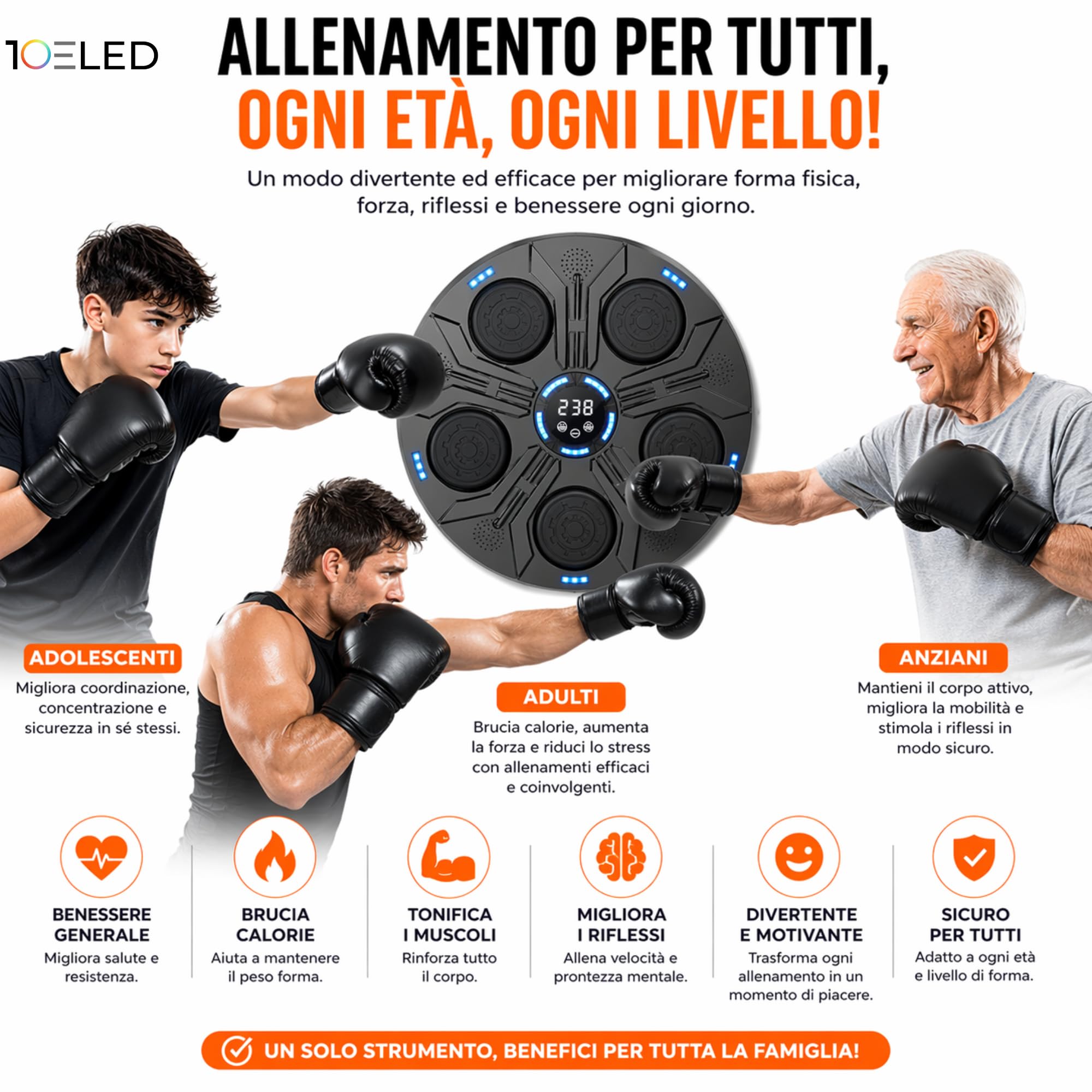 Music Boxing Machine Interattiva con LED a Parete e Bluetooth - Display Digitale - 5 Pad Reattivi - Guantoni INCLUSI - Beat Punch Allenamento Casa per Riflessi, Velocità e Coordinazione