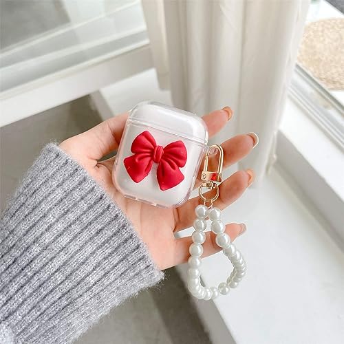 Miniatura 9 de SGVAHY Funda transparente compatible con AirPods 1 y 2, hermoso diseño de lazo colorido con pulsera de perlas de lujo, ultrafina, funda protectora