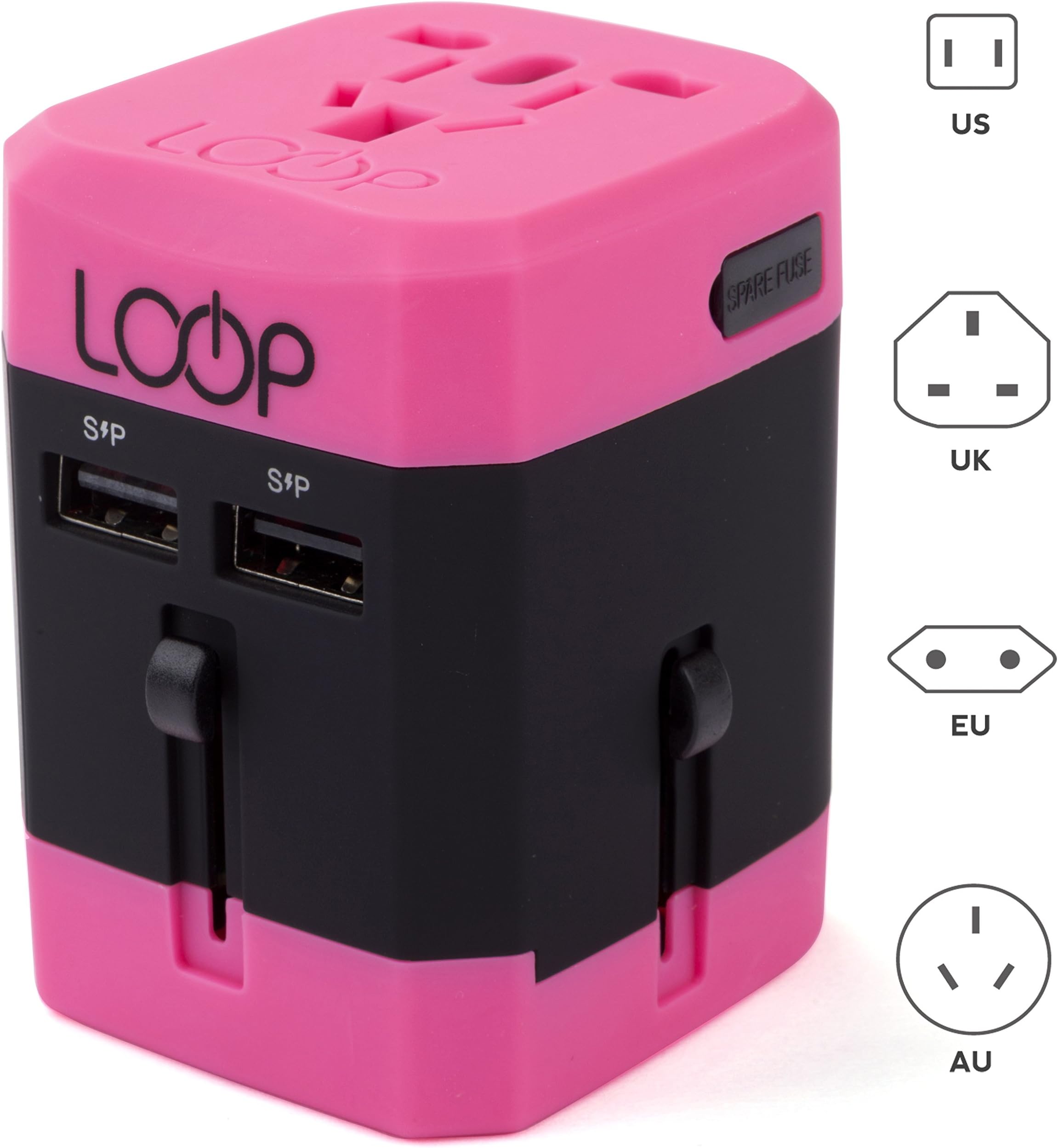 LOOP World Adapter Plug, Worldwide Travel Adapter Charger [US UK EU AU CN] w/ Dual USB Charging Ports & Universal AC Socket - Safety Fused (Pink)