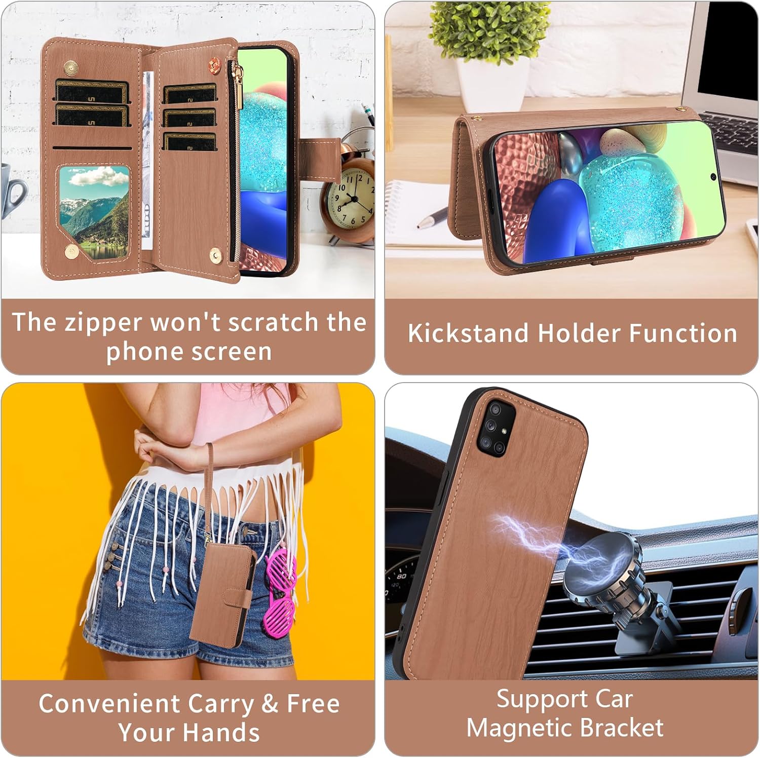 Asuwish Phone Case for Samsung Galaxy A71 5G Zipper Wallet Magnetic Detachable Cell Cover with Tempered Glass Screen Protector Crossbody Lanyard Strap Card Holder A 71 G5 71A S71 Women Men Girls Brown