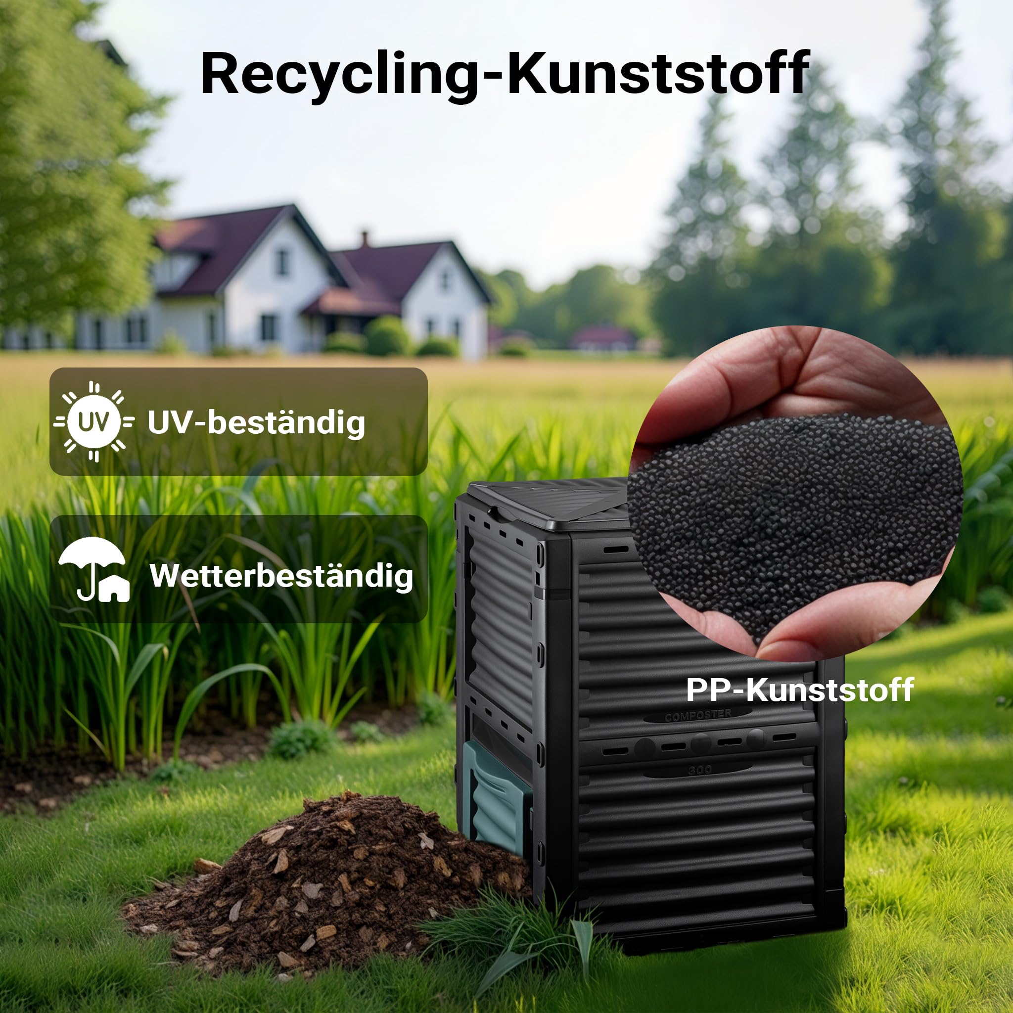 Wiltec Gartenkomposter 300 Liter 61 x 61 x 82 cm, Komposter aus Kunststoff für Bio- und Garten-Abfälle, Kompostierer mit Deckel, Schnellkomposter mit Bodenklappe zum Entleeren