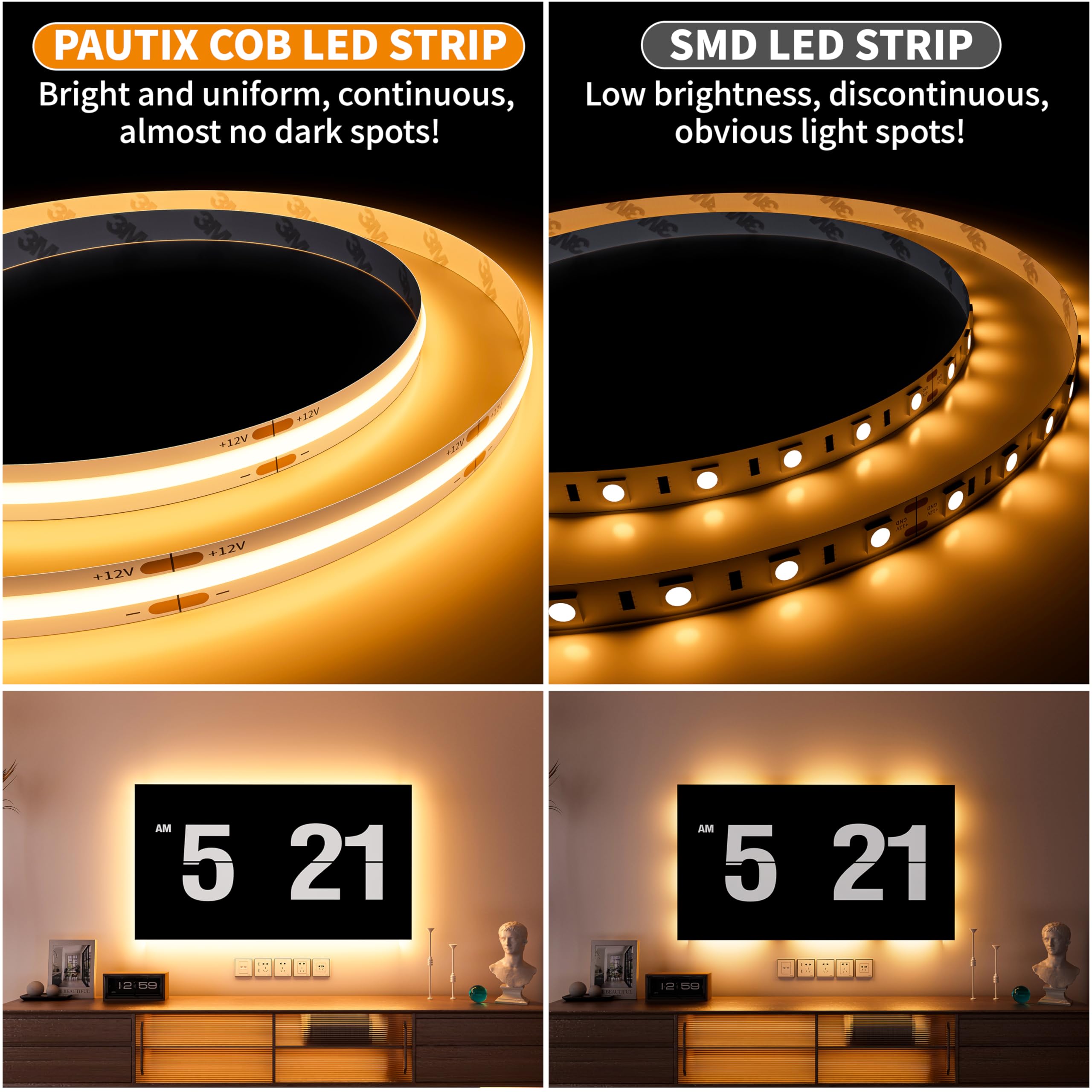 PAUTIX COB - Tira de luces LED de 2700 K DC12 V, 18 pies/5,5 m, color blanco cálido para proyectos de iluminación de cocina y hogar con 1 cable de extensión de conector (fuente de alimentación no