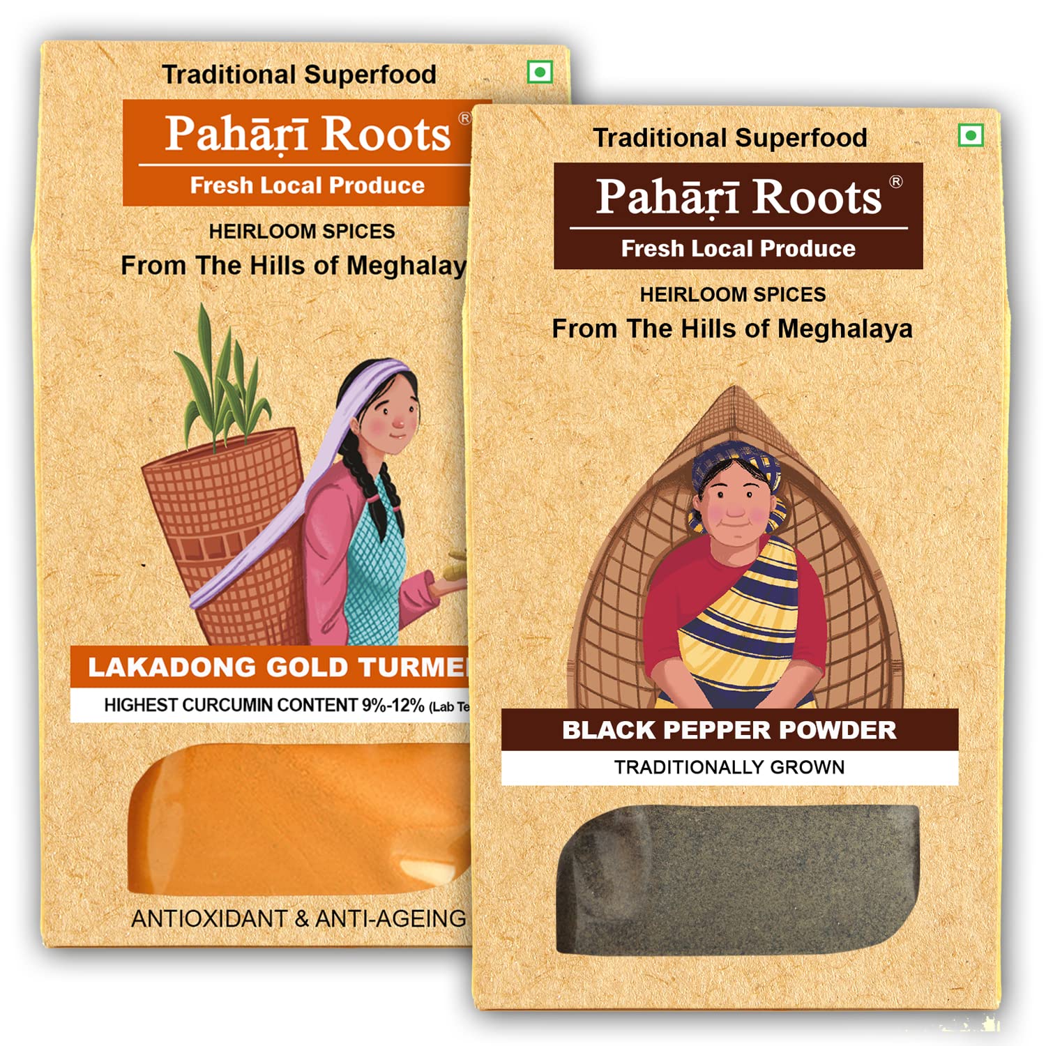 Pahari Roots Spice Combo Pack - Lakadong Turmeric Haldi Powder (100G) & Black Peppercorn (100G) from Meghalaya | Total 200 GMS (1 Pack of 100G Each) (B08HP5K7CN) Amazon Price History, Amazon Price Tracker