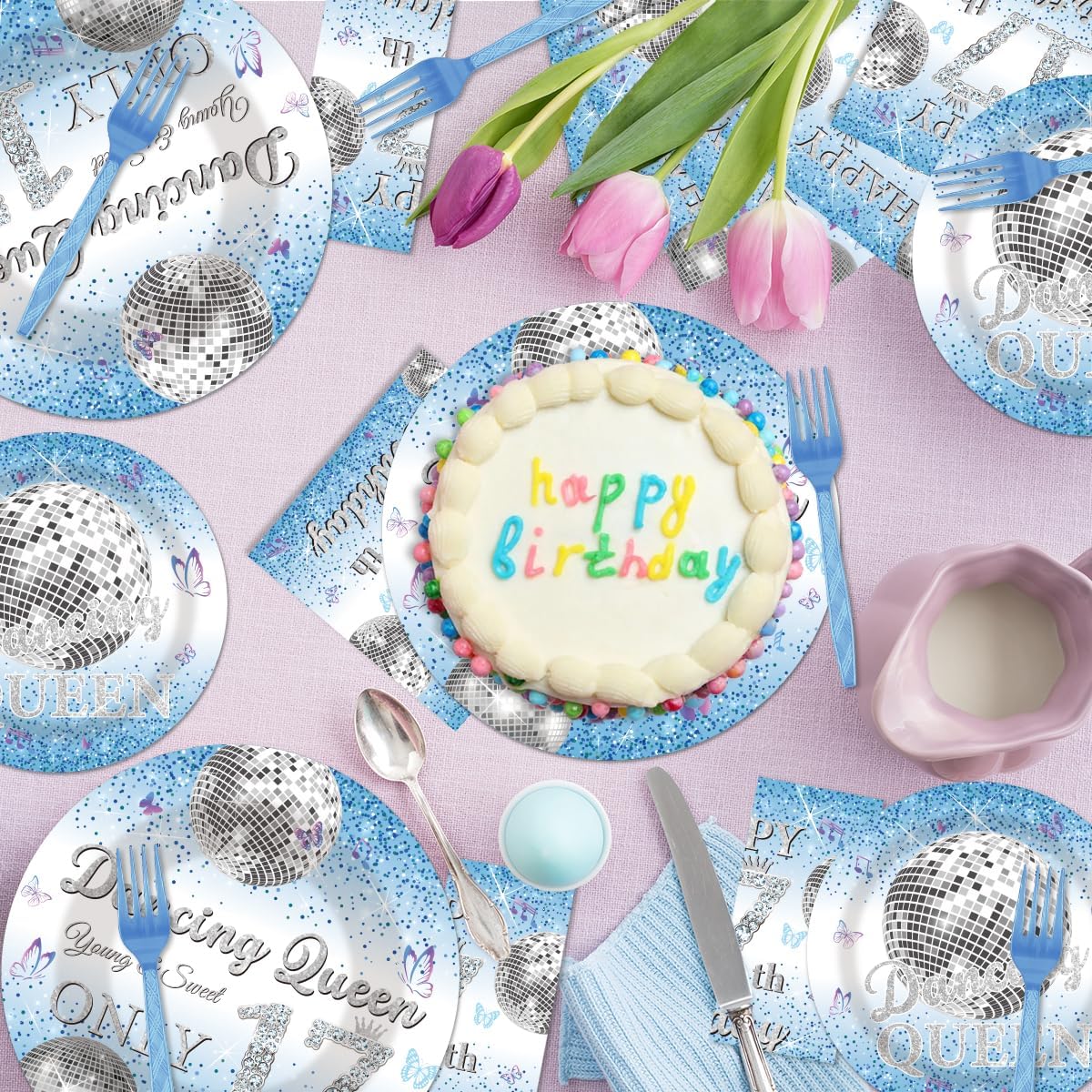 96Pcs Dancing Queen 17th Birthday Disposable Tableware Set - Dancing Queen Happy 17th Birthday Paper Plates Napkins Forks Blue Disco 17 Years Old Party Supplies Serve 24 Guests