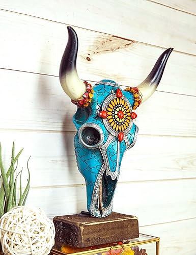 Miniatura 6 de Ebros Gift Cabeza de cráneo de vaca de búfalo de búfalo de buey de 13 pulgadas de alto occidental con mosaico, turquesa, oro y rojo, diseño de
