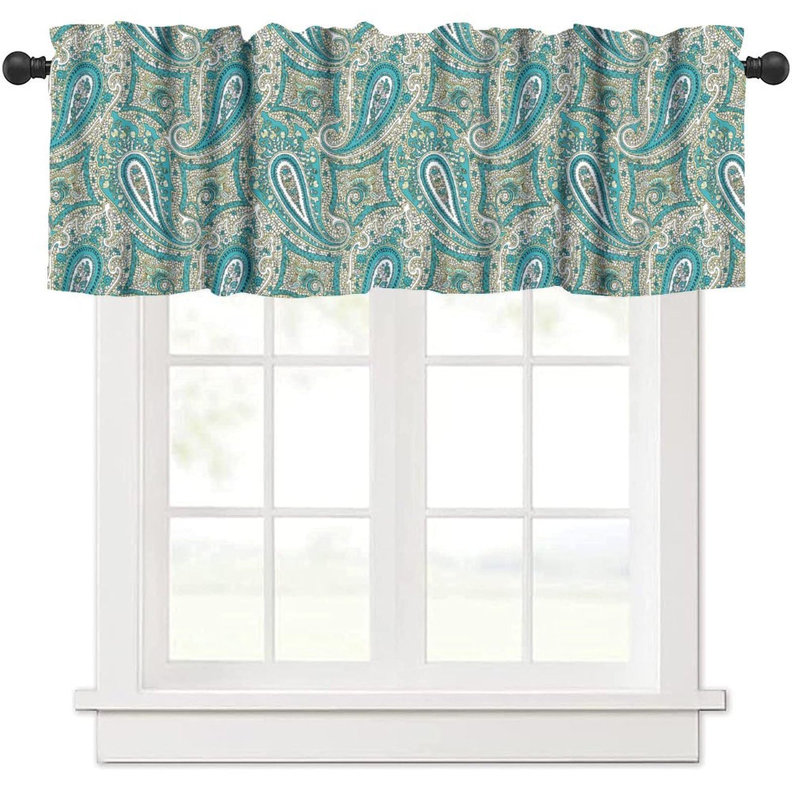 moderw Paisley Floral Window Valance Curtains Vintage Damask Boho Flower Ornamental Window Treatments Curtain Valance for Farmhouse Kitchen Bedroom Living Room 54x18inch