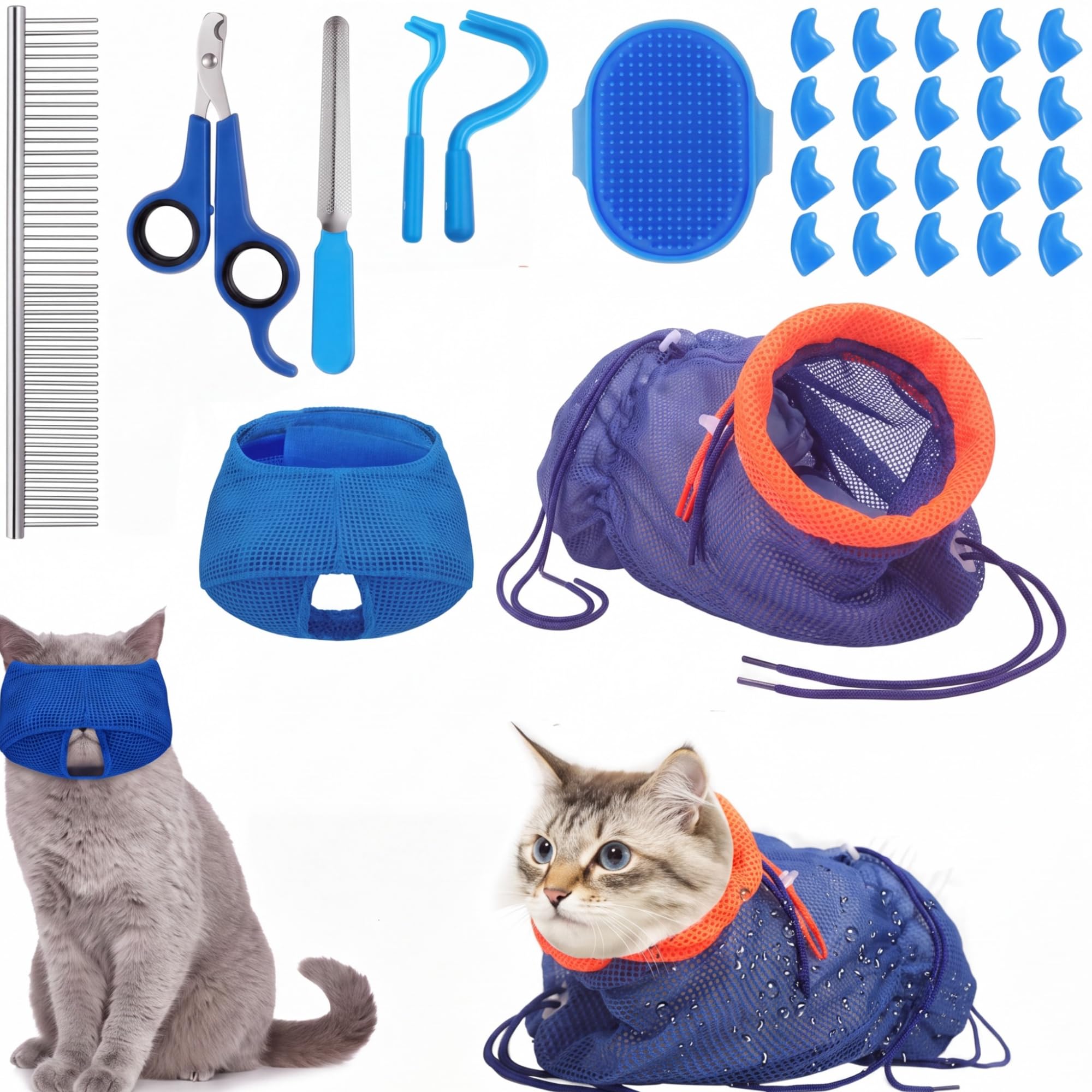 9 Pcs Cat Bathing Bag Set Cat Shower Bag Anti Bite and Scratch for Pet Grooming Washing Brush Comb Muzzle Nail Clipper Nail File Tick Tool (Navy Blue)