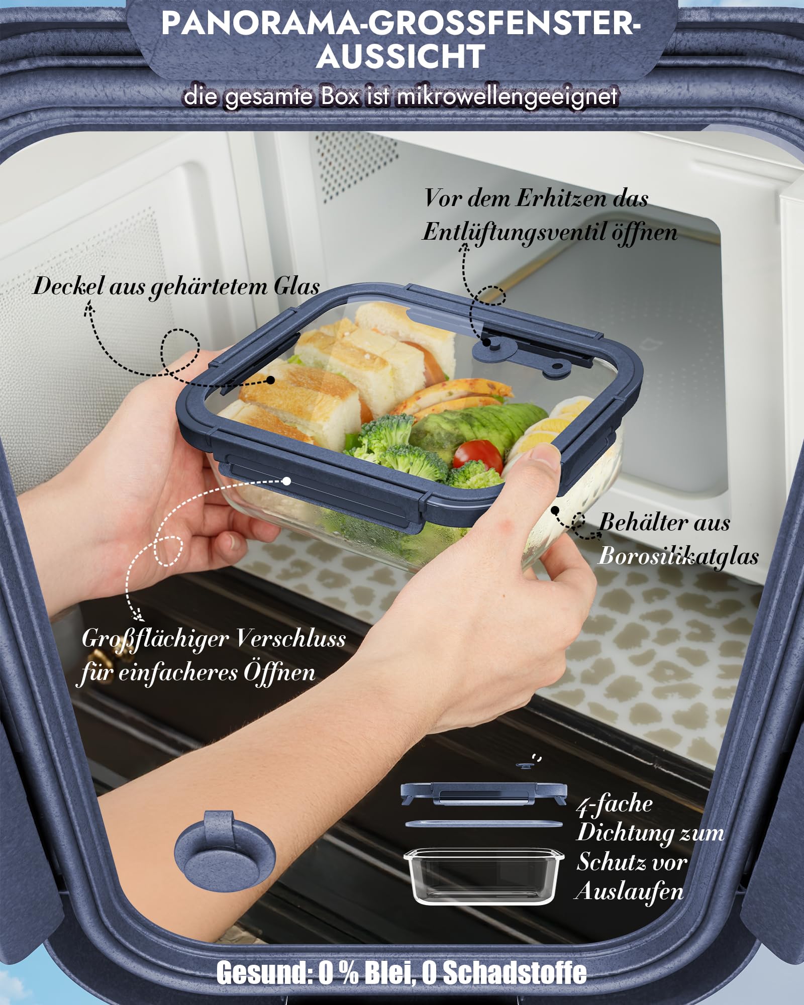 Glasbehälter mit Deckel Set (12 Stück), hochborosilikat, mikrowellengeeignet,ofenfest-20℃~510℃, mit Ventil, spülmaschinenfest – Perfekt für Vorratsdosen, Meal Prep & Gefrierbehälter，Blau