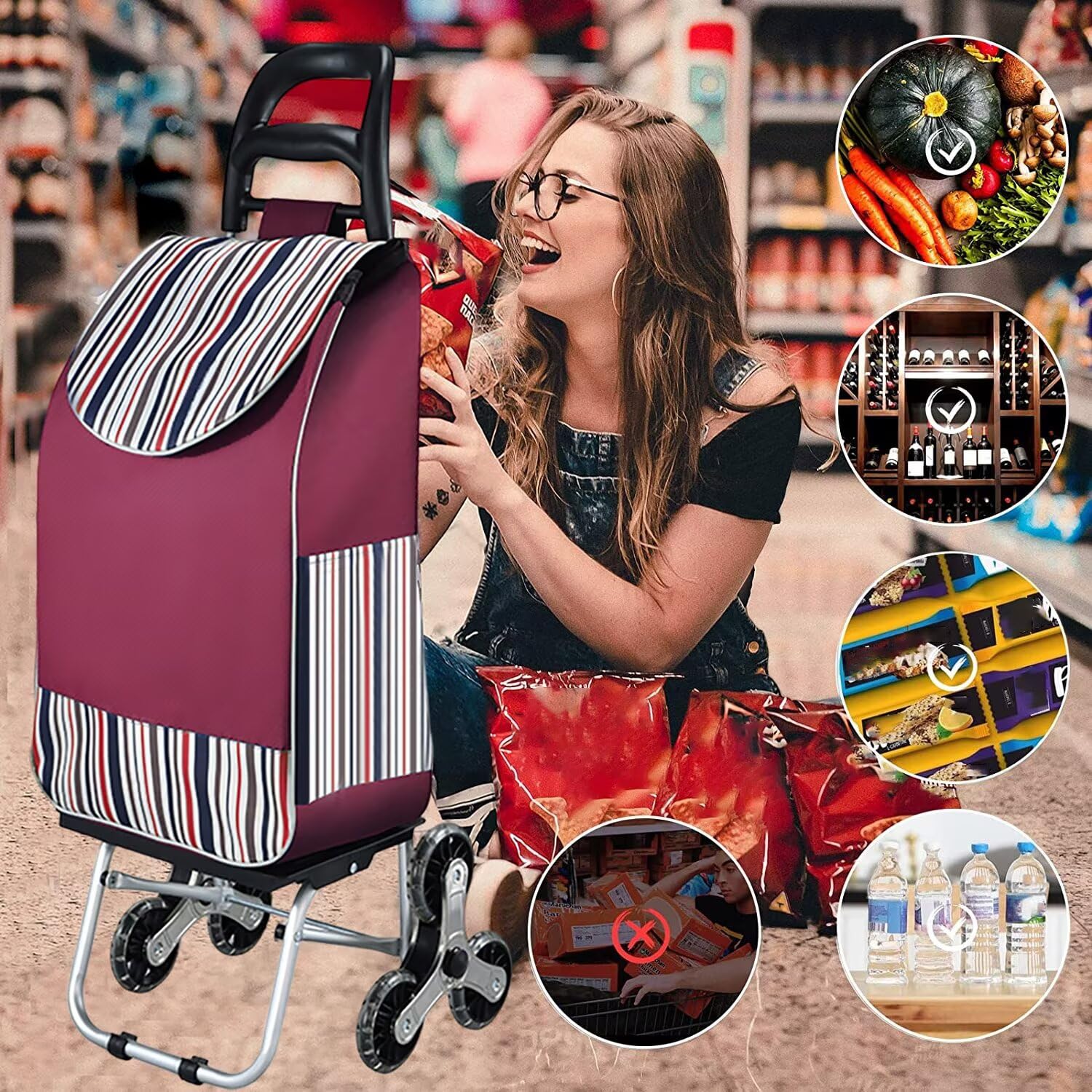 Einkaufstrolley Stabiler 2 in 1 Klappbar Einkaufswagen Multifunktional Treppensteigwagen mit 3 Geräuschlos Räder (D)