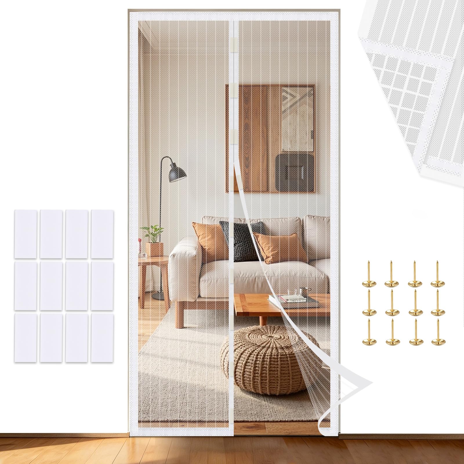 Magnetic Fly Screen Door Curtain – Strong Magnets & Magic Band, Scratch-Resistant Mosquito Net for Patio, Balcony, Bedroom (White, 90×210 cm)