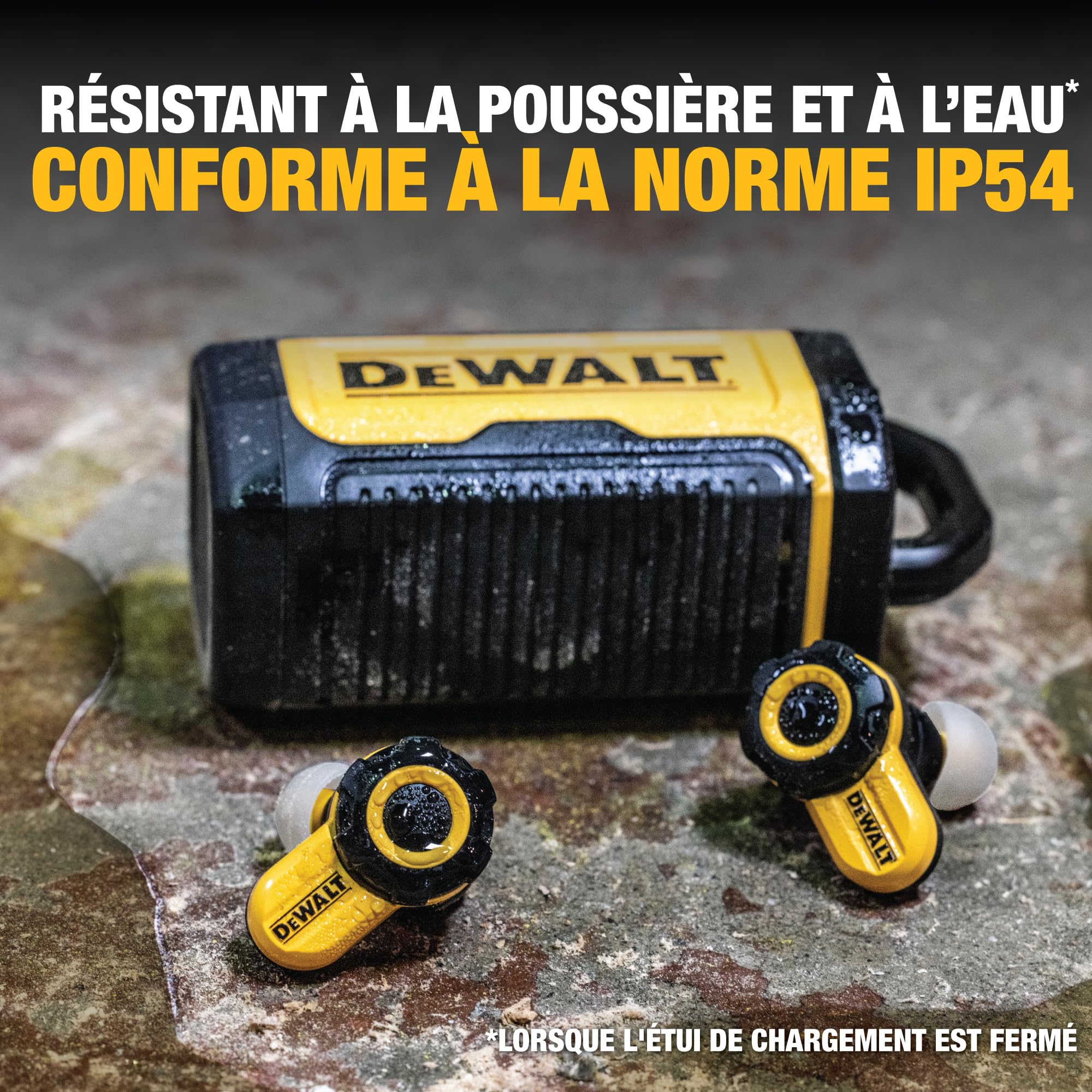 DEWALT Écouteurs sans Fil Bluetooth Robustes Jobsite Pro X2 ANC, réduction Active du Bruit, Commandes rotatives, autonomie de 10 h (Plus de 40 h avec étui), 4 Modes d'égalisation, IP54