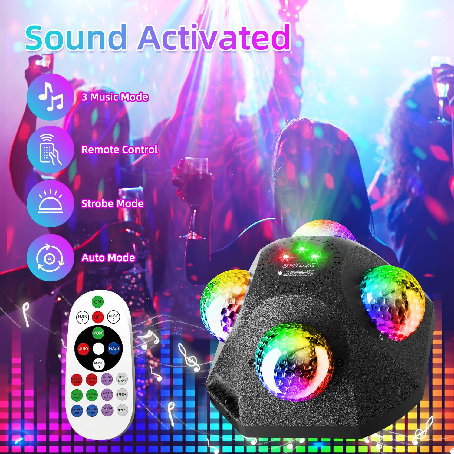 7 in 1 Discokugel RGBW Wasserwelleneffekt und Rot-Grün Muster | RGBW, Fernbedienung, Musikgesteuert, Stroboskop und Automatik, USB-C, Discolicht Partylicht für Party