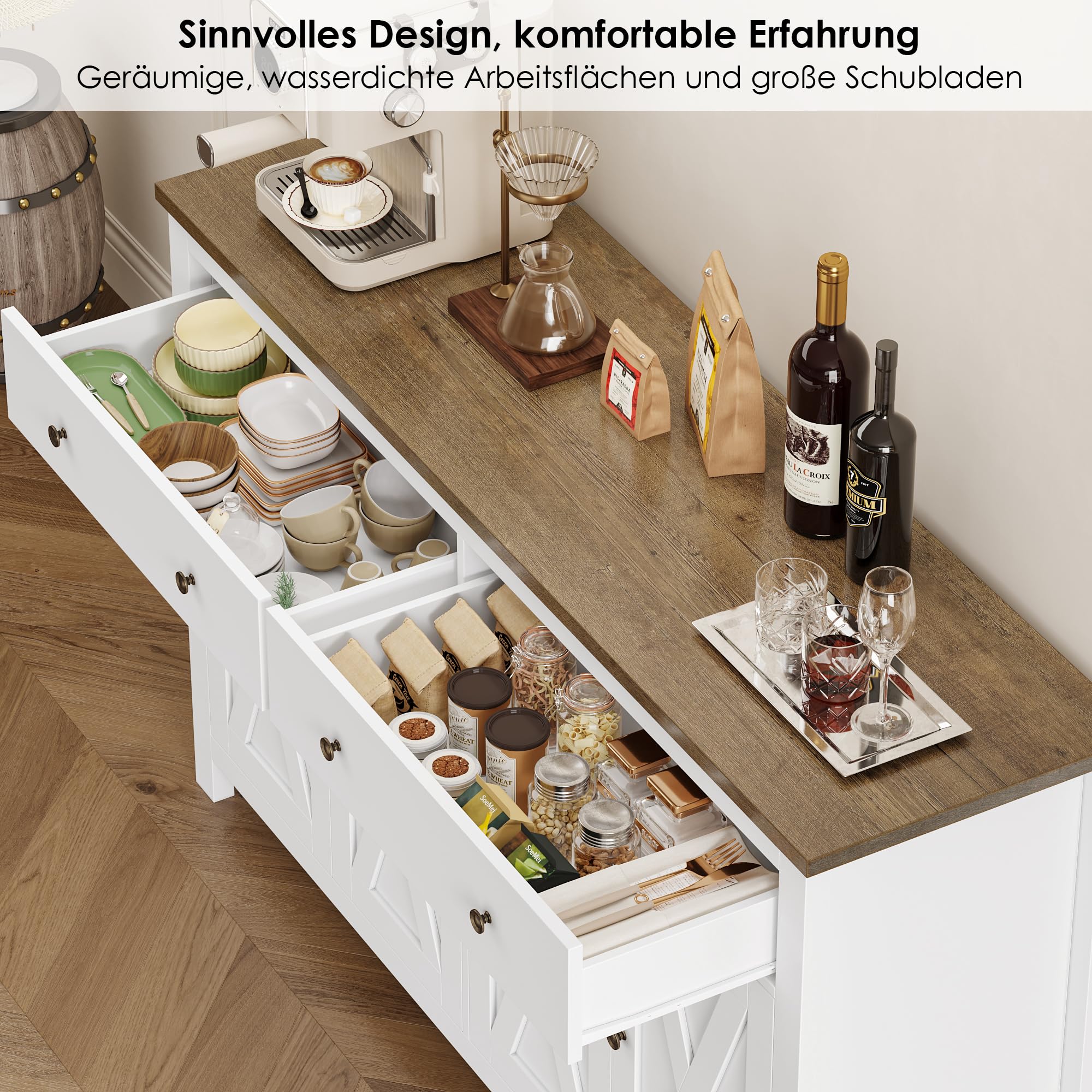FirFurd 140 cm kredens biały kredens kuchenny szafka do przechowywania, duża szafka kuchenna z regulowanymi półkami, 4 drzwi, 2 szuflady do salonu, mebli do jadalni, 140 x 40 x 89 cm