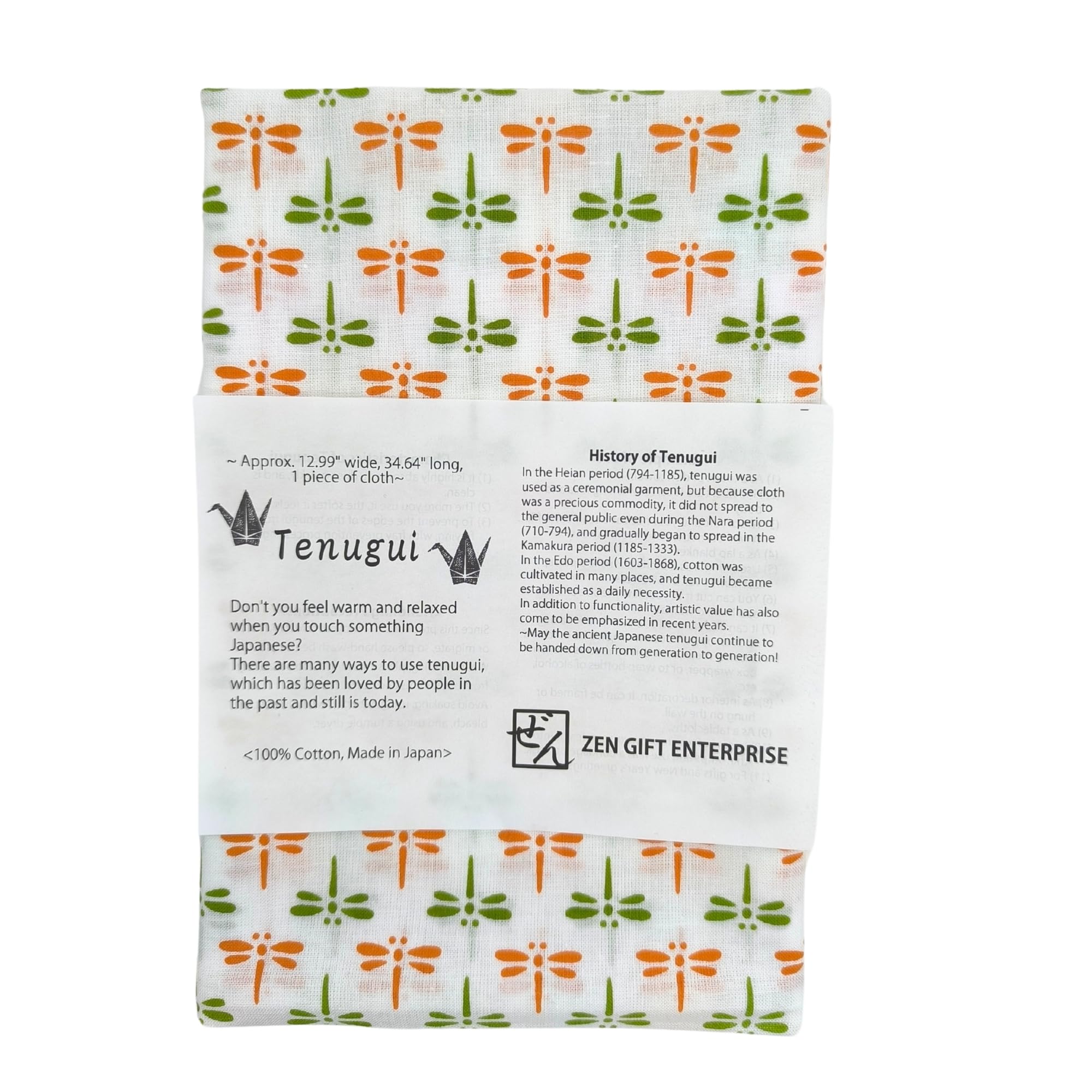 Japanese Tenugui Towel, 34.64"L x 12.99"W, Dragonfly Orange&Green on White
