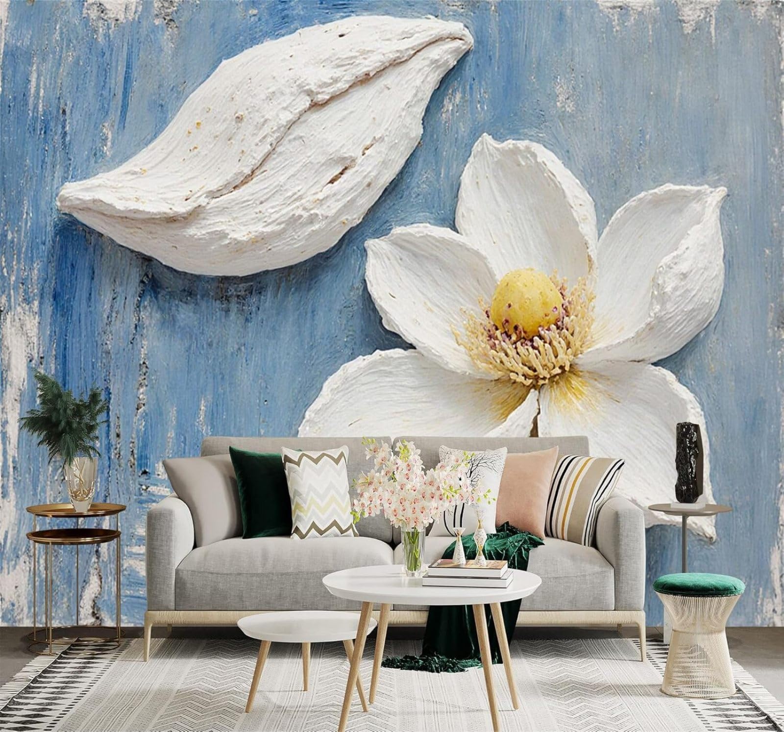 Xlming 150Cm×105Cm(B×H) White Lotus Petals Floral Texture Art 3D Wallpaper Silky Texture Home Study Office Grey Dining Room Sofa Bedroom Living Room Tv Backdrop-150Cm×105Cm
